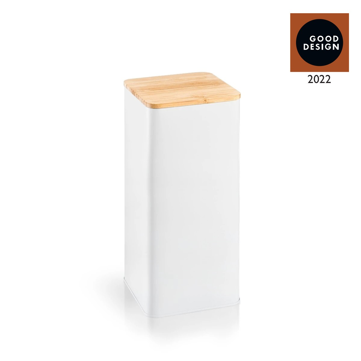 Ein weißer rechteckiger Behälter mit Holzdeckel. Oben rechts befindet sich ein Etikett 'Good Design 2022'. Der Hintergrund ist weiß.