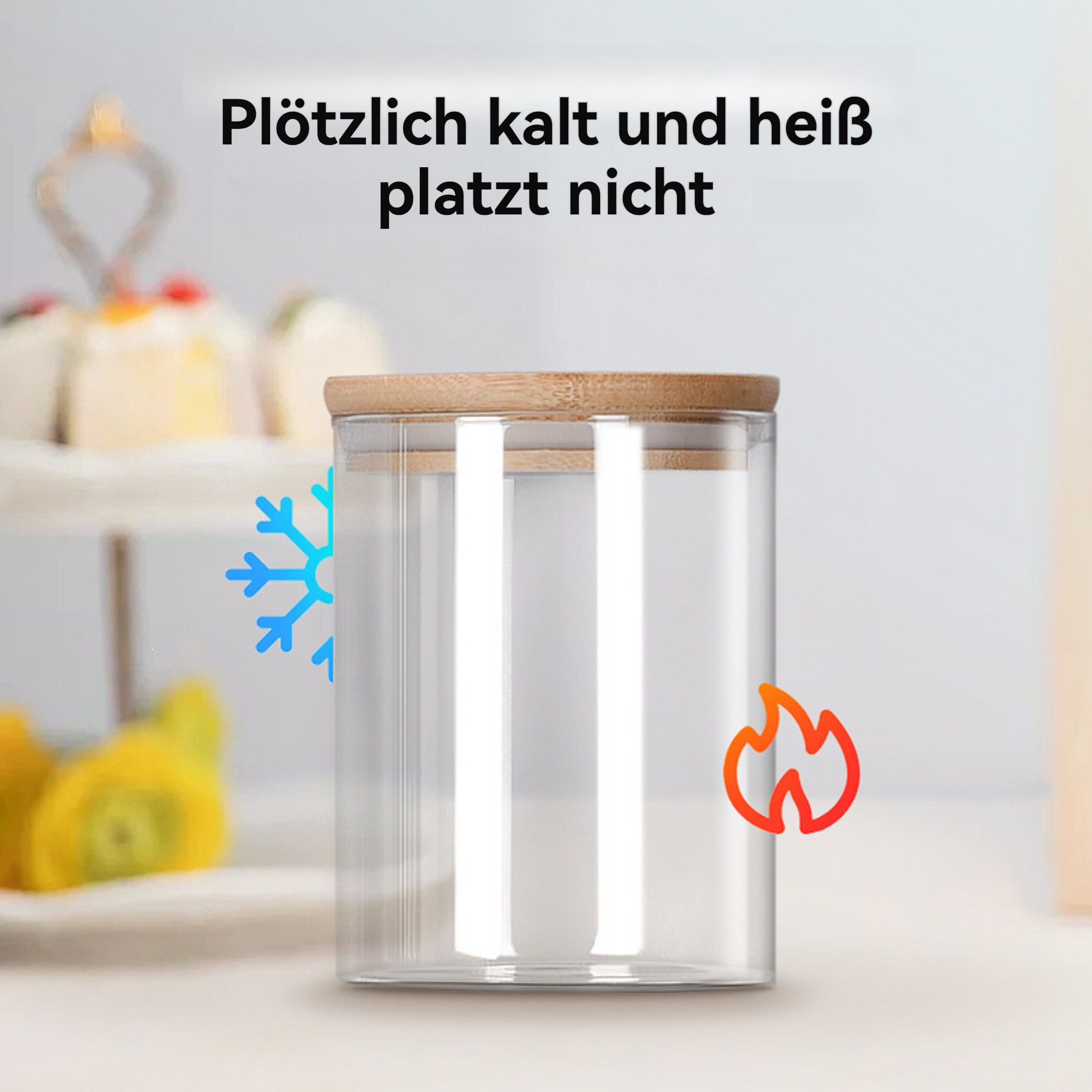 Klares Glas mit Holzdeckel. Schneeflocken- und Flammen-Icons. Text: Plötzlich kalt und heiß platzt nicht.