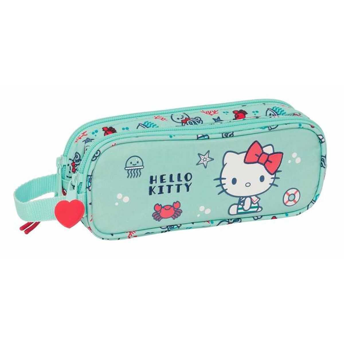 Ein Hello Kitty Federmäppchen. Hellblau mit Hello Kitty, einer Krabbe, Seesternen und Meeresbewohnern. Am Griff ist ein rotes Herz.