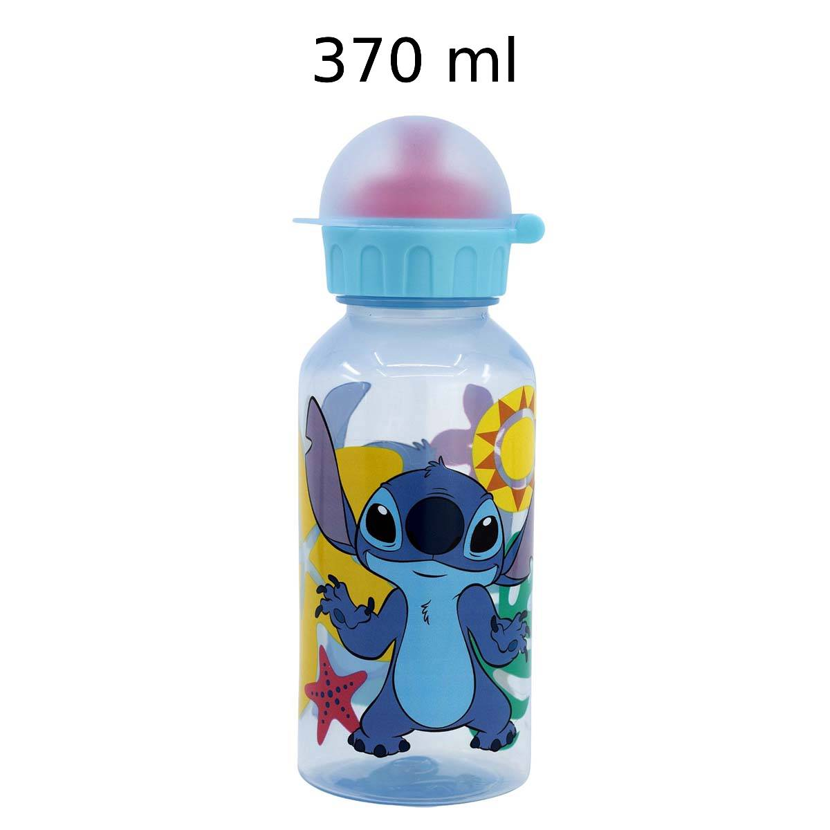 Eine transparente Wasserflasche mit blauem Deckel, mit Stitch aus Lilo & Stitch. Fassungsvermögen: 370 ml. Die Flasche hat ein farbenfrohes Design.