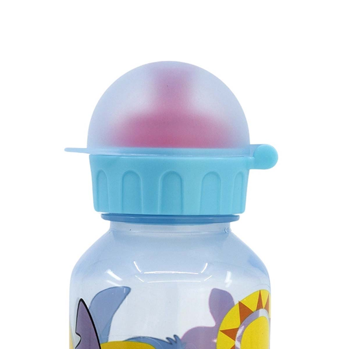 Eine Wasserflasche mit blauem Deckel und einem rosa Innenteil. Die Flasche hat ein Cartoon-Design mit gelben und lila Farben.