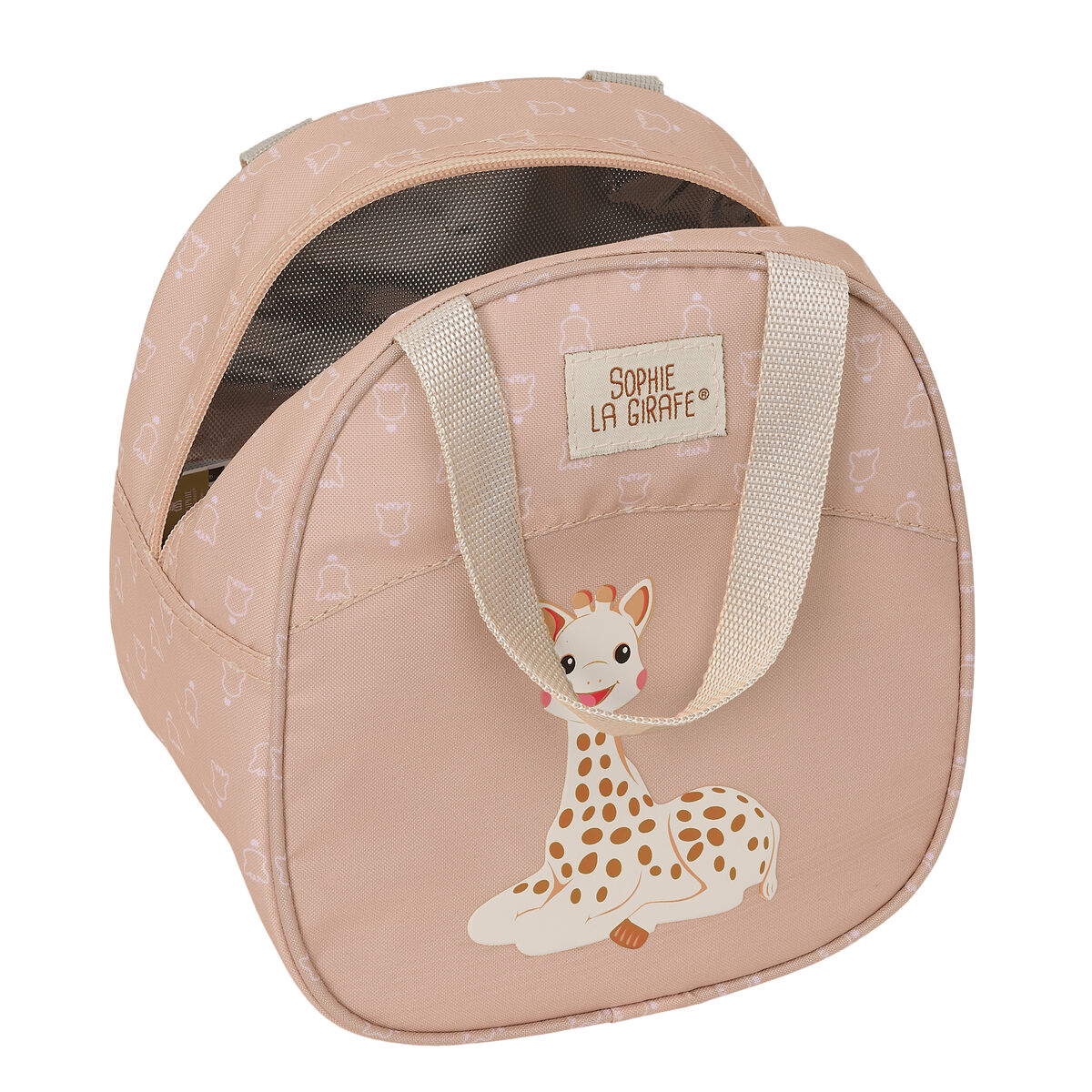 Eine rosa Sophie la Girafe Lunchtasche. Sie hat ein Giraffen-Design auf der Vorderseite. Die Tasche ist offen und zeigt das Innere.