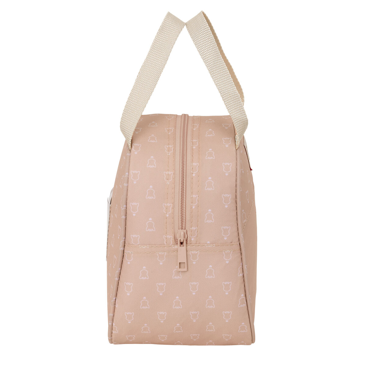 Eine beige Lunchtasche mit Reißverschluss, weißen Trägern und einem Muster aus weißen glockenförmigen Designs. Der Hintergrund ist weiß.