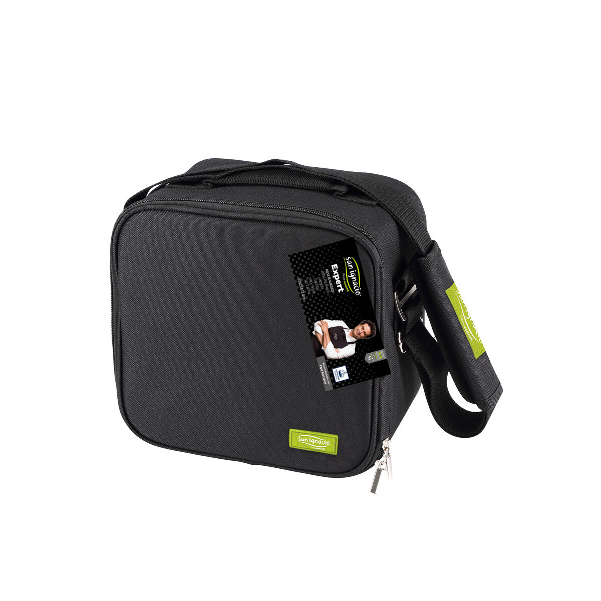 Eine schwarze Lunchtasche mit Schultergurt auf weißem Hintergrund. Es hat ein Etikett mit der Aufschrift Expert und San Ignacio.