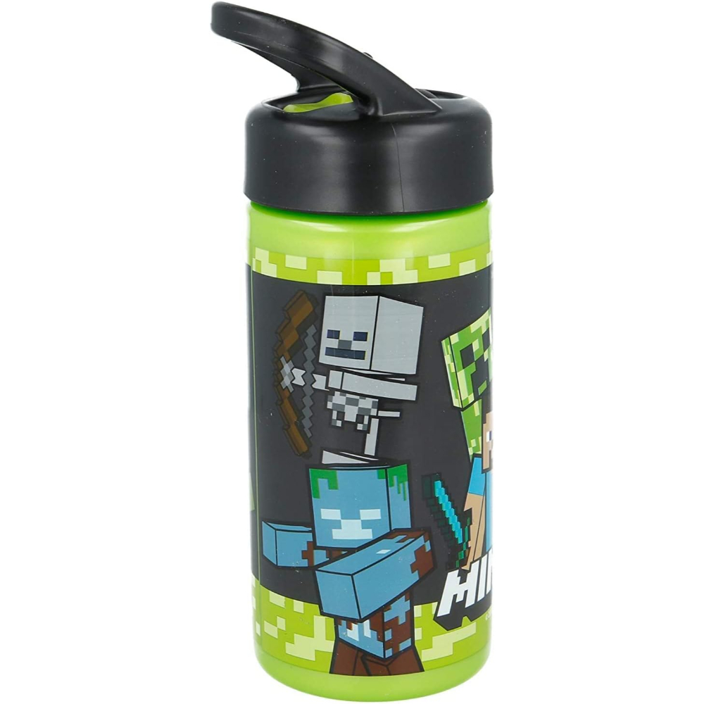 Grüne Minecraft-Trinkflasche mit schwarzem Deckel. Mit Minecraft-Charakteren wie Skelett, Zombie und Steve.