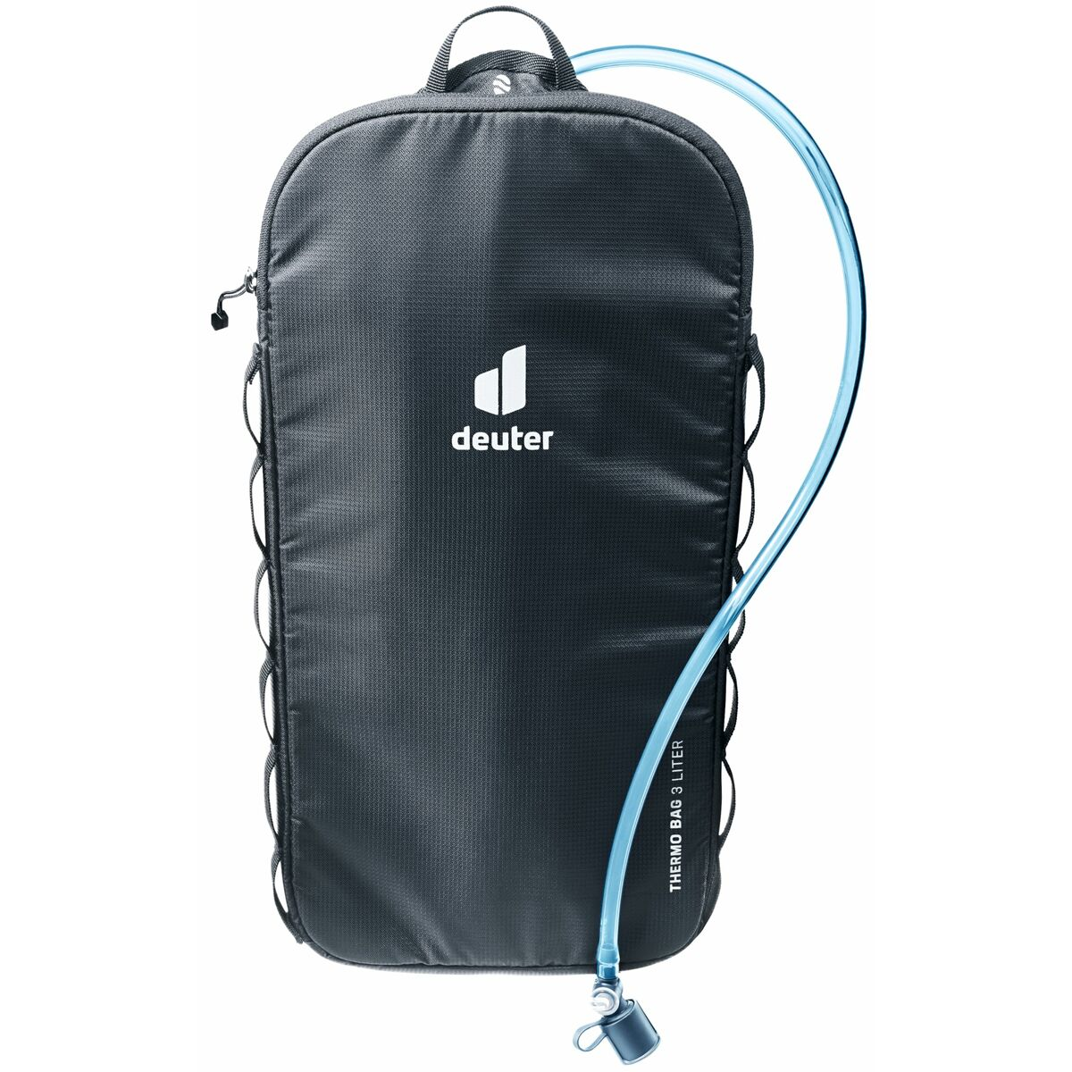 Schwarzer Deuter Trinkrucksack mit blauem Schlauch. Deuter-Logo ist weiß. Enthält einen Griff oben. Hat den Text 'THERMO BAG 3 LITER'.