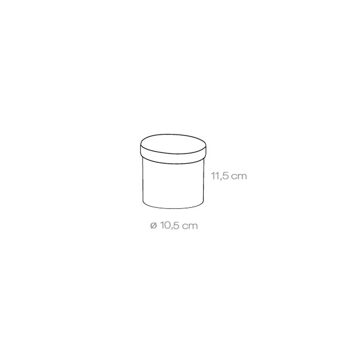 Un disegno a tratto raffigura un contenitore cilindrico con coperchio. Dimensioni: 10,5 cm di diametro, 11,5 cm di altezza. Sfondo bianco.