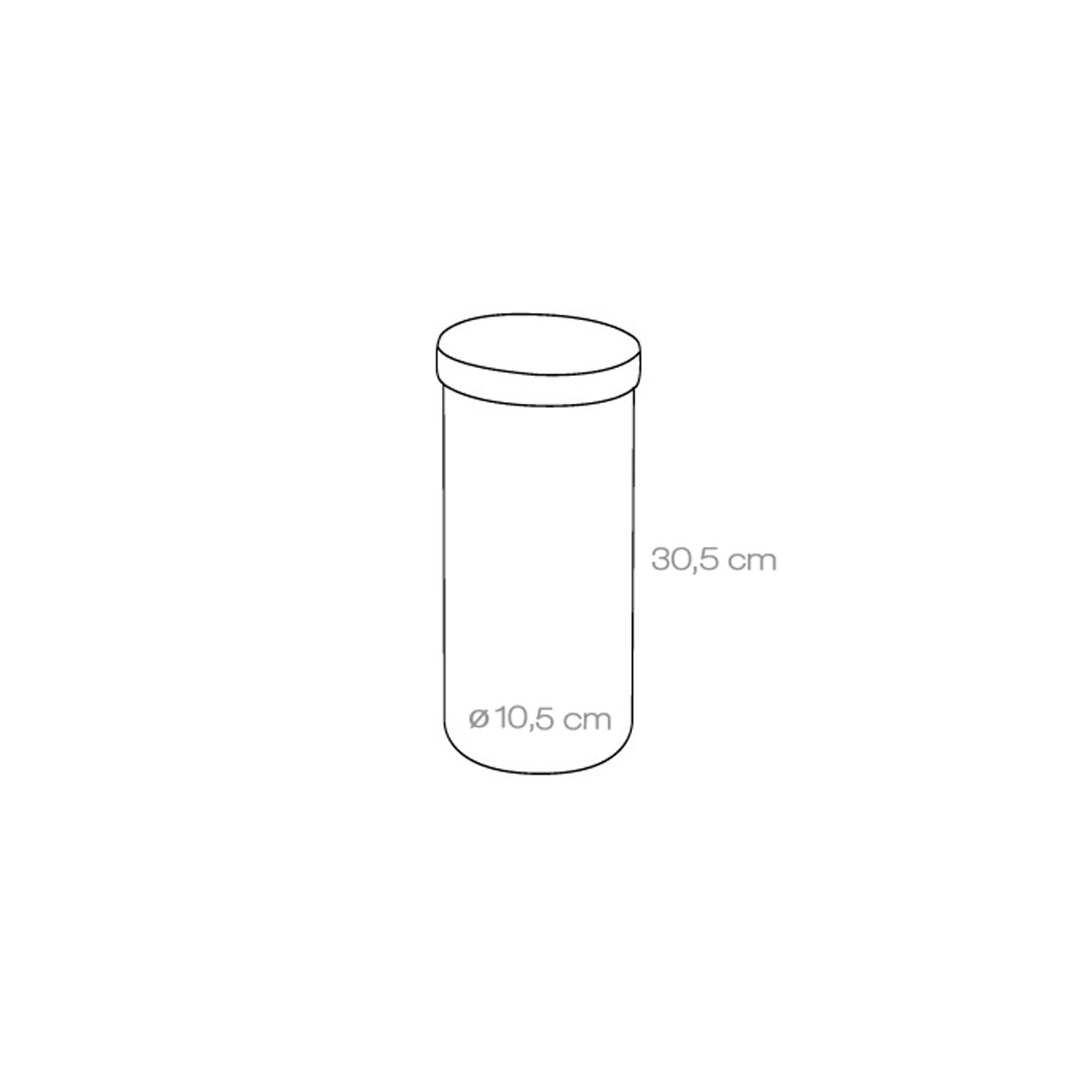 Disegno a tratto di un contenitore cilindrico con coperchio. Dimensioni: 30,5 cm altezza, 10,5 cm diametro. Etichette.