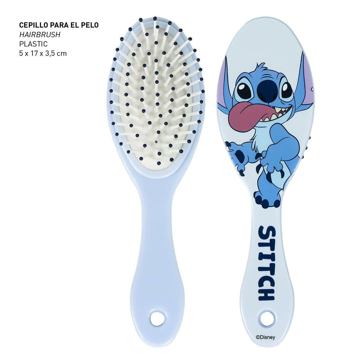 Zwei hellblaue Haarbürsten. Eine hat Borsten, die andere eine Stitch-Zeichnung. Text: HAARBÜRSTE, KUNSTSTOFF und STITCH.