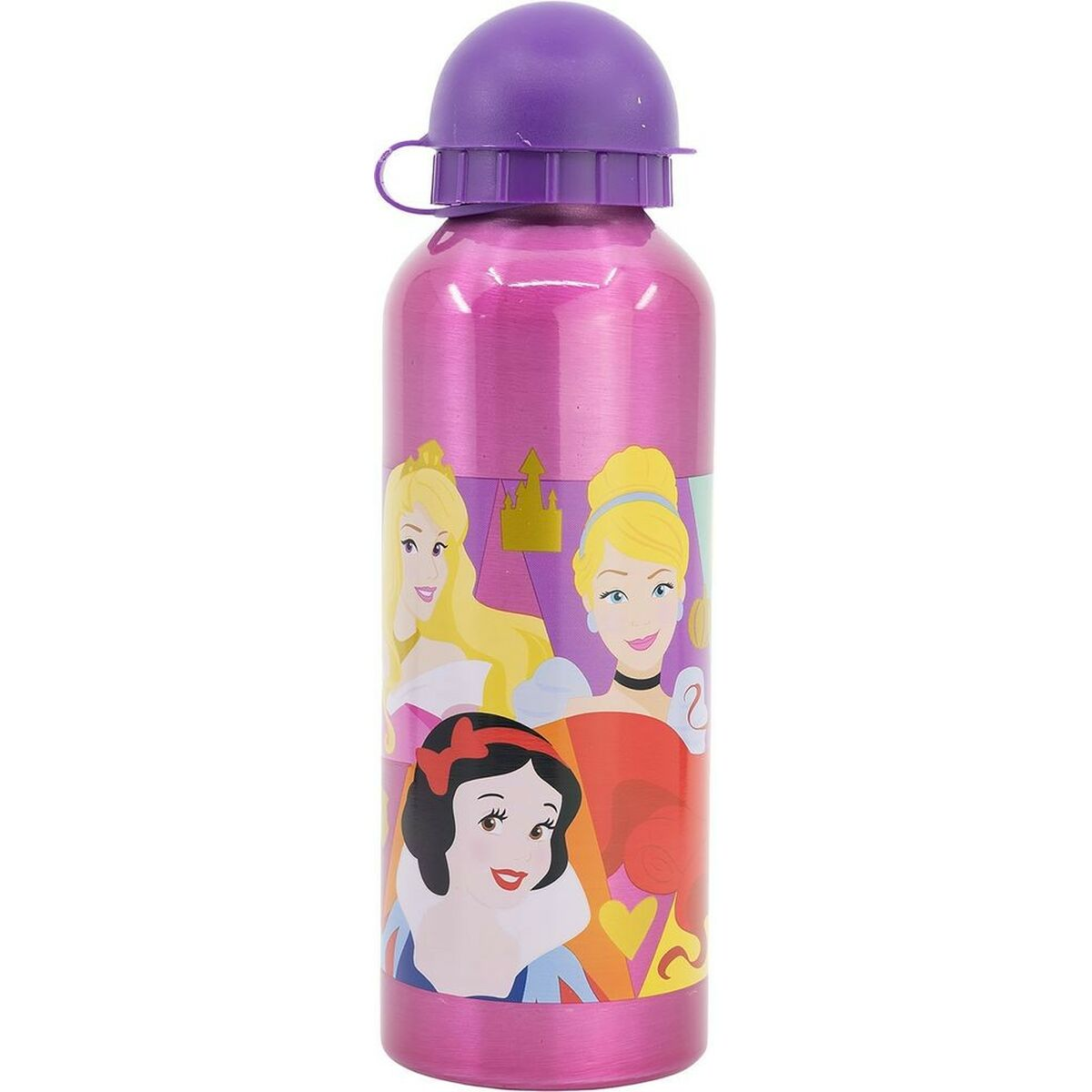 Rosa Wasserflasche mit lila Deckel. Zeigt Disney-Prinzessinnen: Aurora, Cinderella und Schneewittchen.