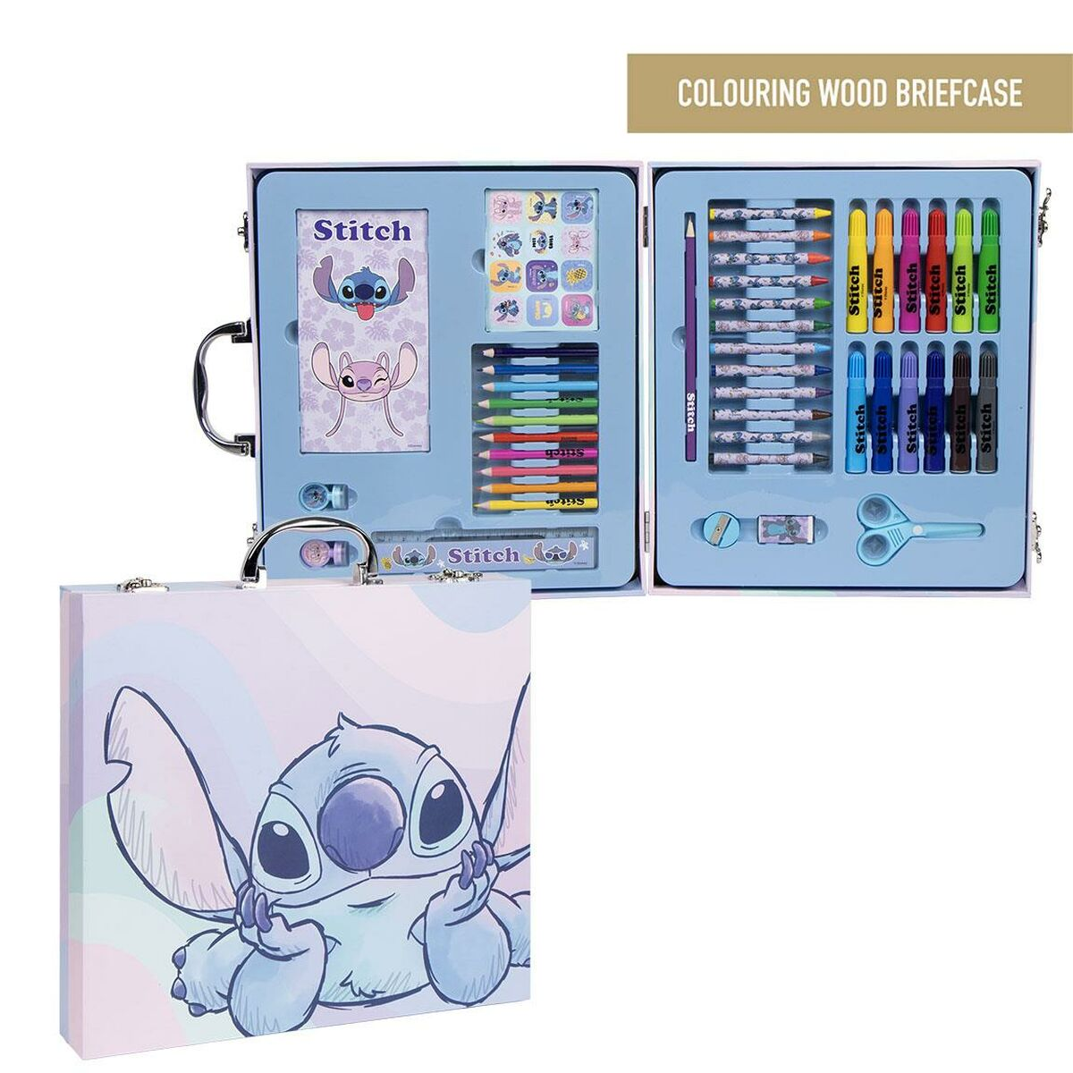 Blauer Stitch-Kunstkoffer mit verschiedenen Buntstiften, Markern, Wachsmalstiften und Aufklebern. Stitch-Figur auf dem Koffer.
