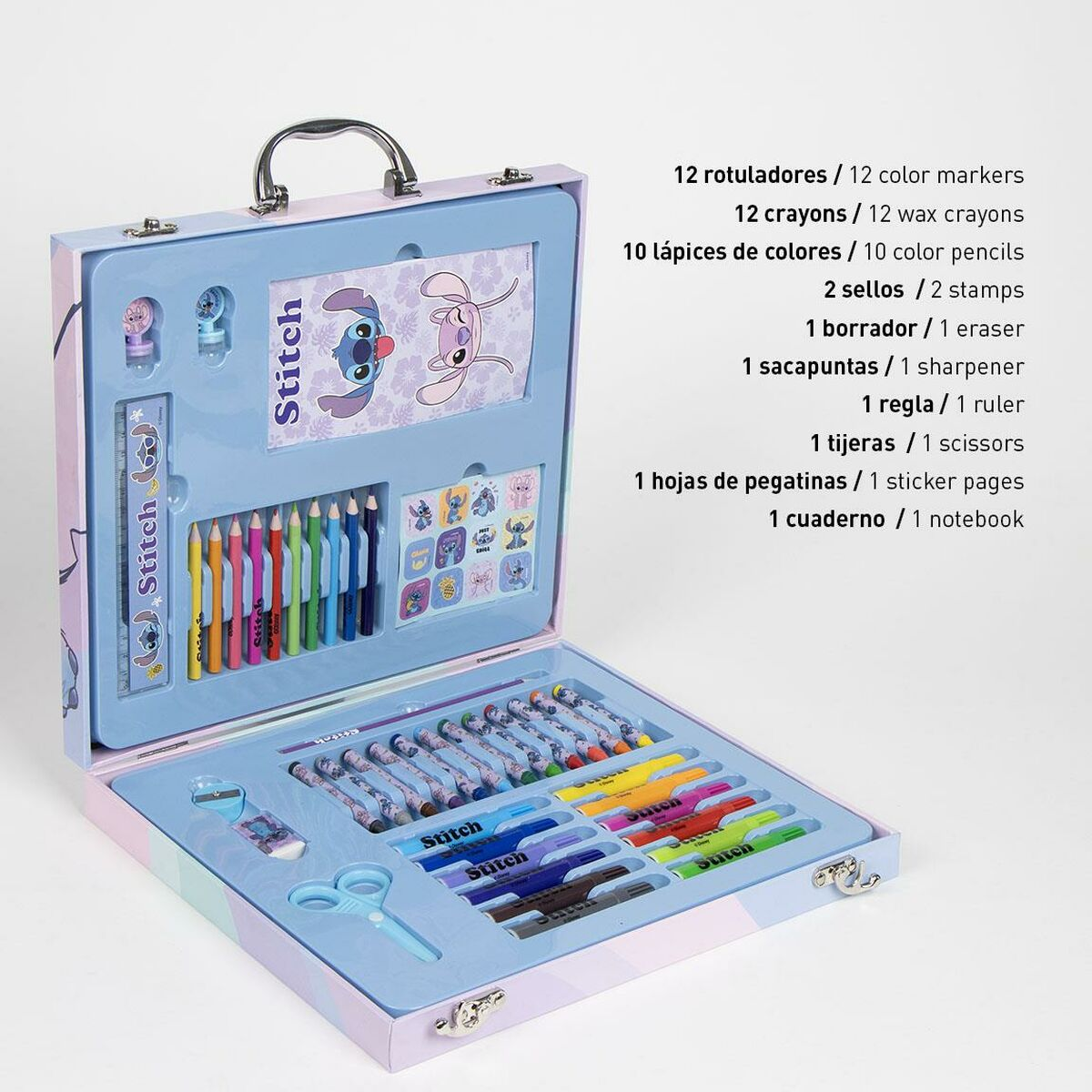 Offenes Stitch-Kunstset mit Markern, Buntstiften, Bleistiften, Stempeln, Radiergummi, Anspitzer, Lineal, Schere, Aufklebern und Notizbuch.