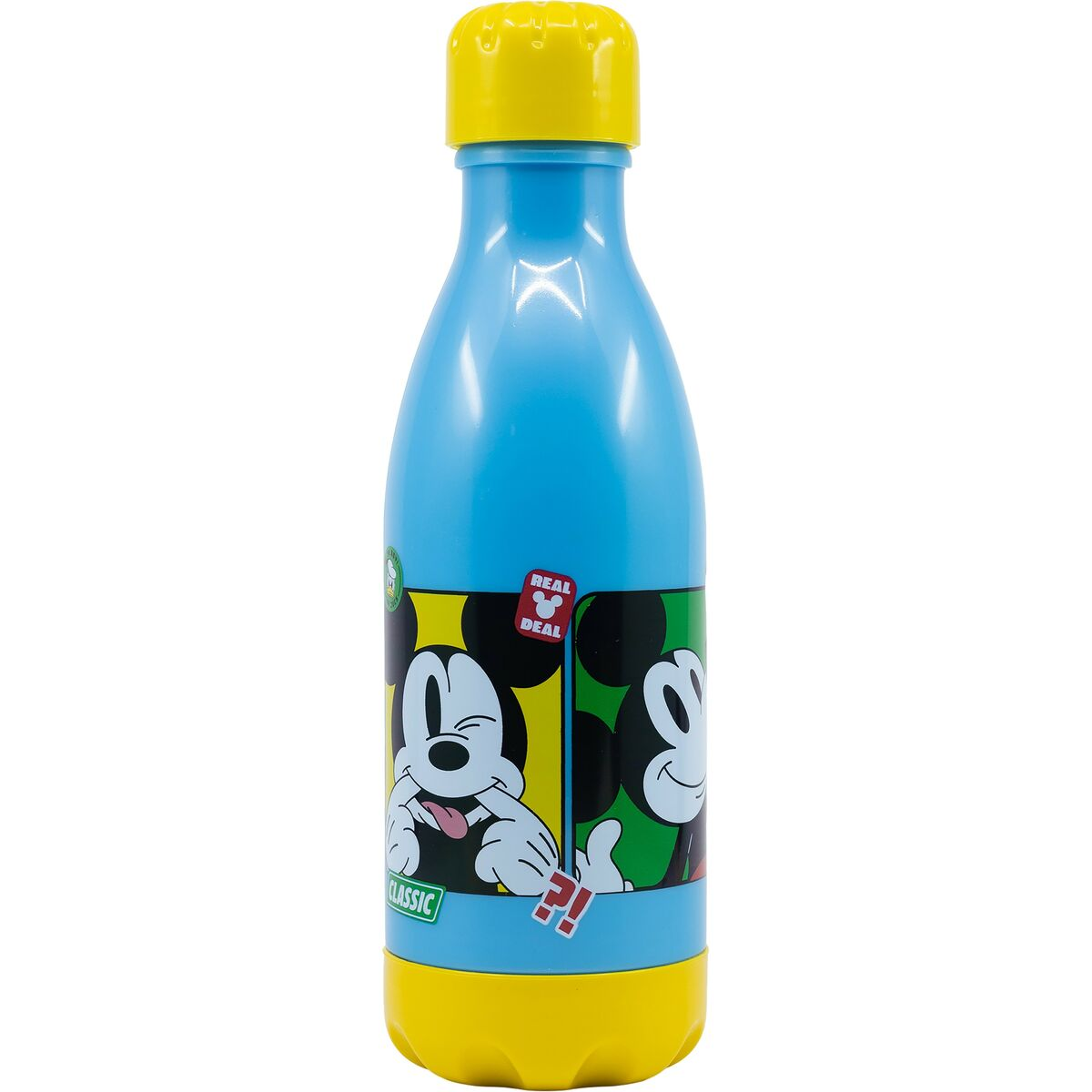 Eine blaue Wasserflasche mit gelbem Deckel und Boden. Sie zeigt Mickey Mouse-Grafiken und einen 'Real Deal'-Aufkleber.