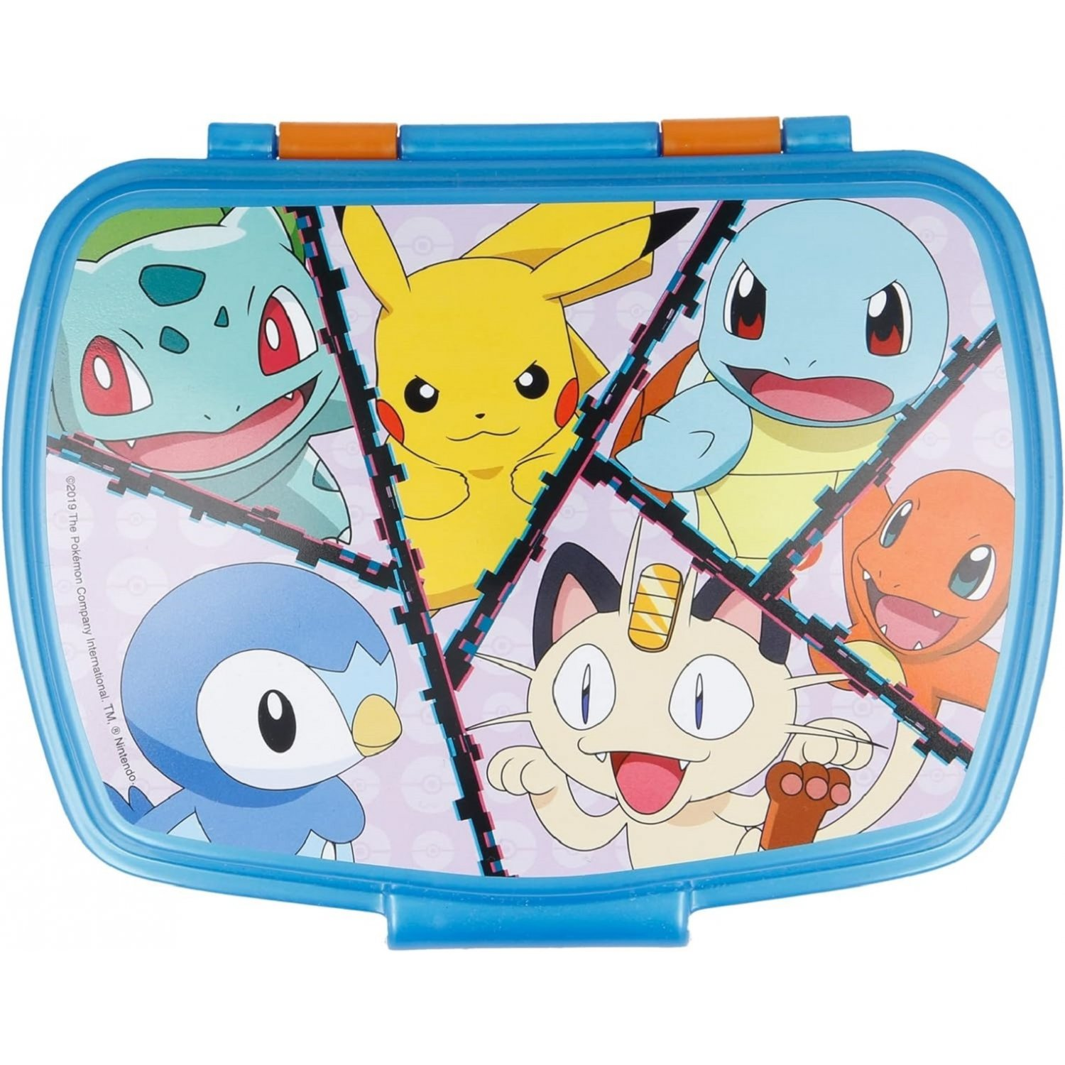 Eine blaue Brotdose mit Pokémon-Charakteren, darunter Pikachu, Bisasam, Schiggy, Glumanda, Plinfa und Mauzi.