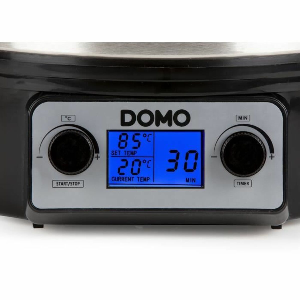 Nahaufnahme des Bedienfelds eines DOMO-Geräts. Es zeigt Temperatureinstellungen und einen Timer an. Knöpfe und eine Digitalanzeige sind sichtbar.