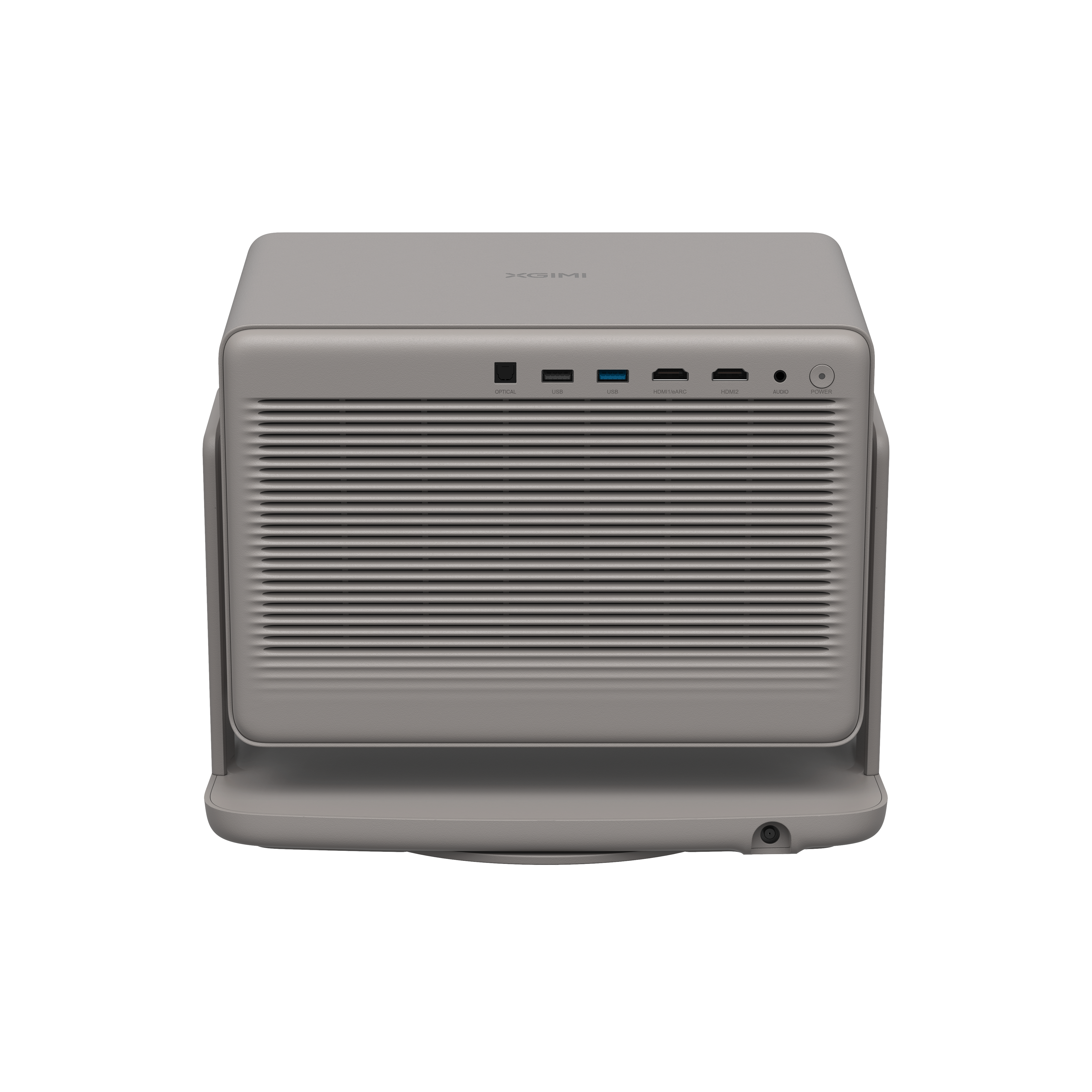 A gray projector with a ridged front. It has several ports and a power button. The brand name is XGIMI.
