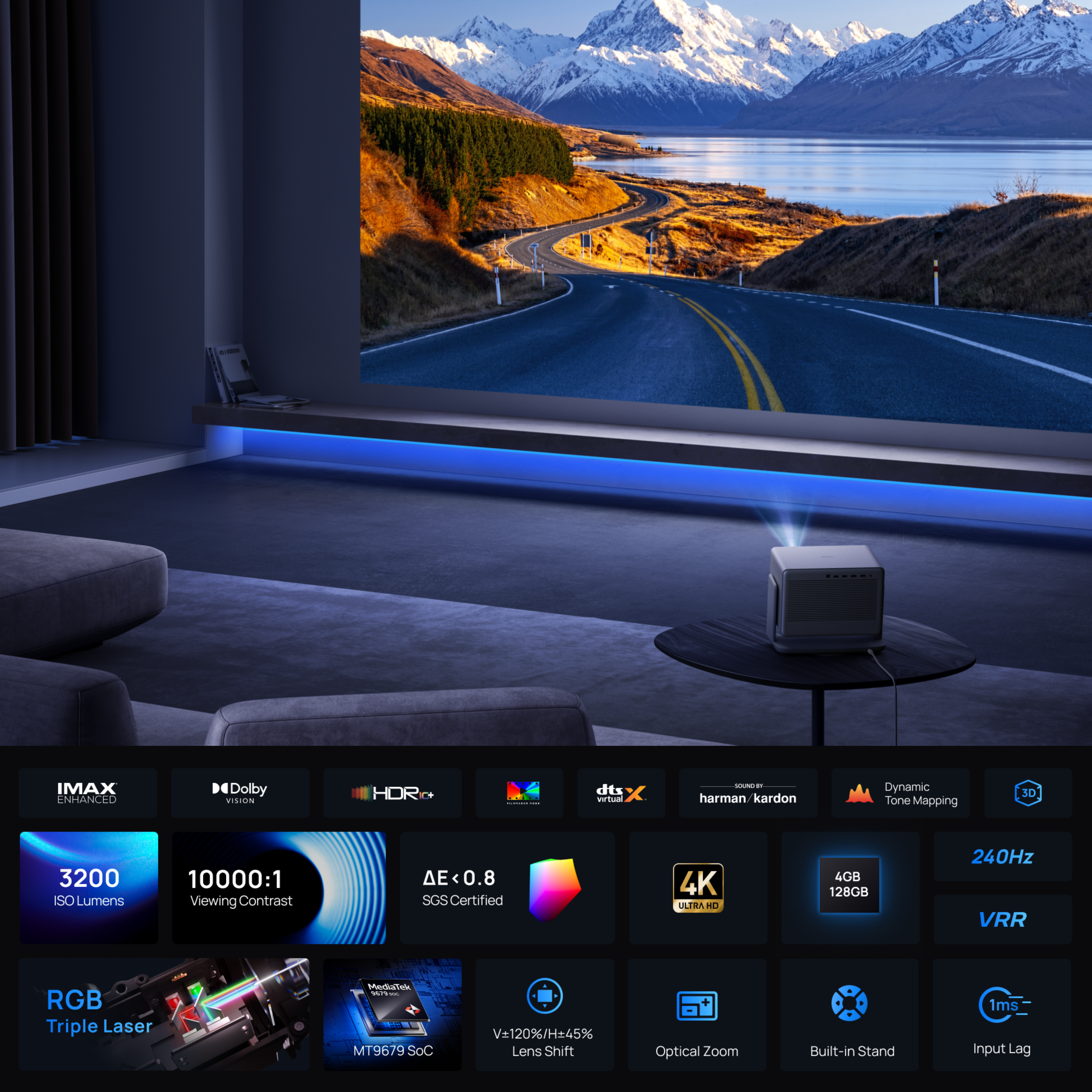 A projector displays a mountain landscape. A table holds the projector. Features include 4K, HDR, and a triple laser.