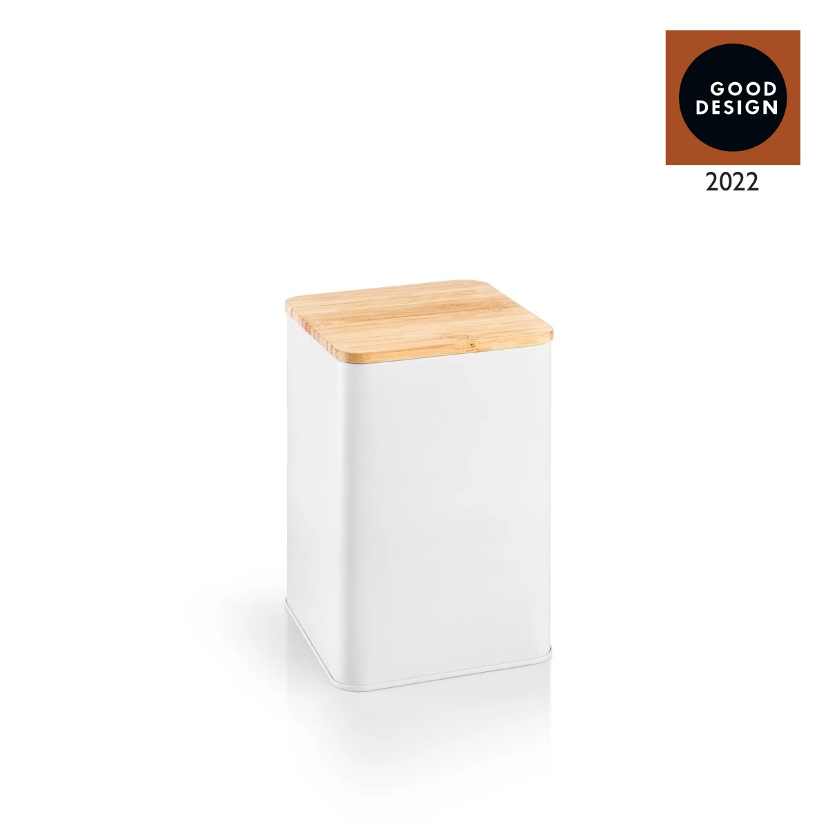 Weißer quadratischer Behälter mit Bambusdeckel, Good Design 2022 Logo rechts oben.