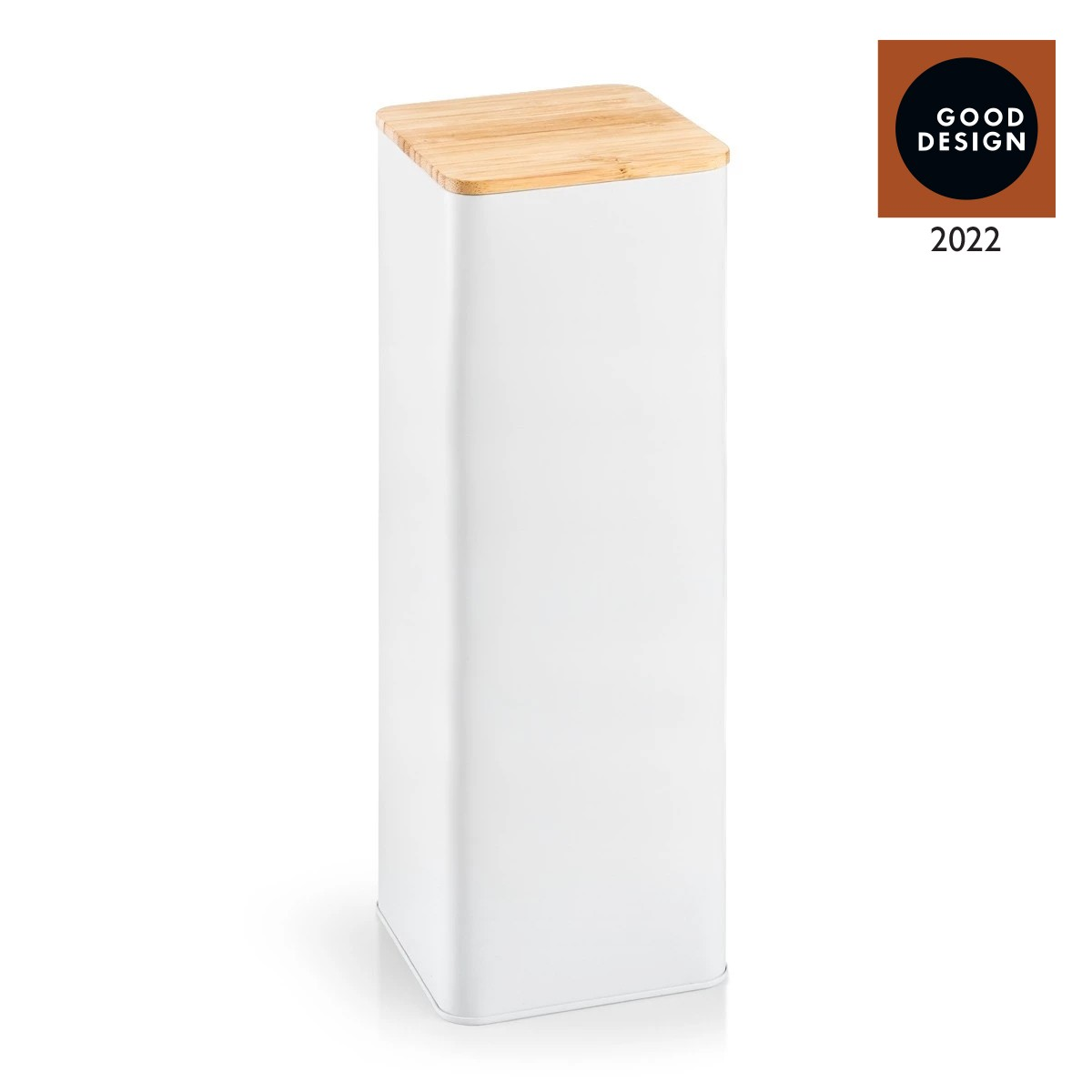 Ein weißer rechteckiger Behälter mit Holzdeckel. Im Hintergrund befindet sich ein Good Design 2022 Logo.