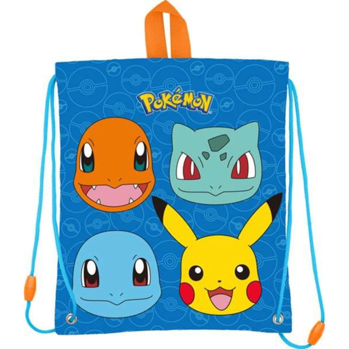 Blauer Pokemon-Beutel mit vier Pokemon-Gesichtern: Glumanda, Bisasam, Schiggy und Pikachu. Oranger Griff.