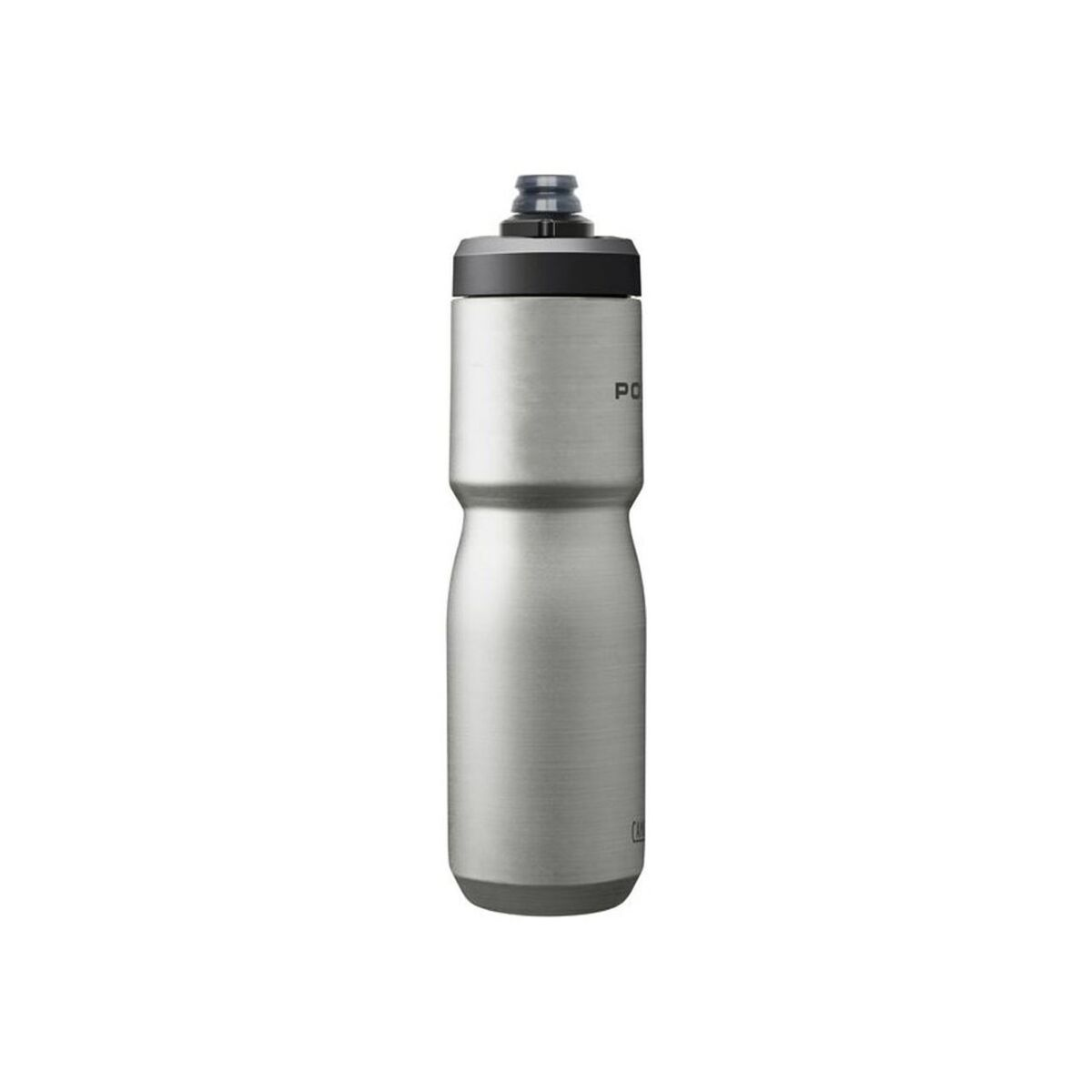 Eine silberne Wasserflasche mit schwarzem Deckel. Die Flasche steht aufrecht vor weißem Hintergrund, zentriert.