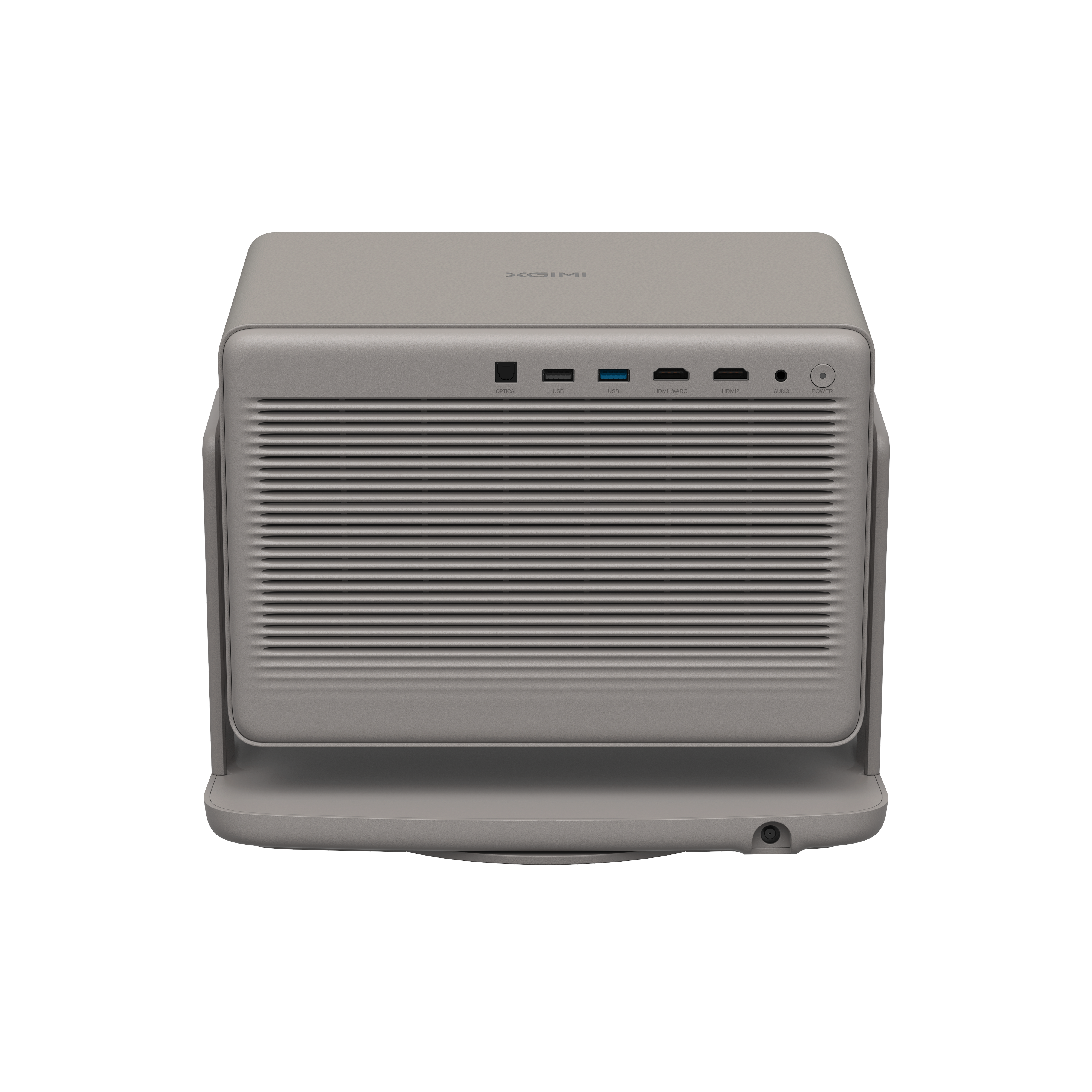 A gray projector on white background. It has vents on front and ports on the side.