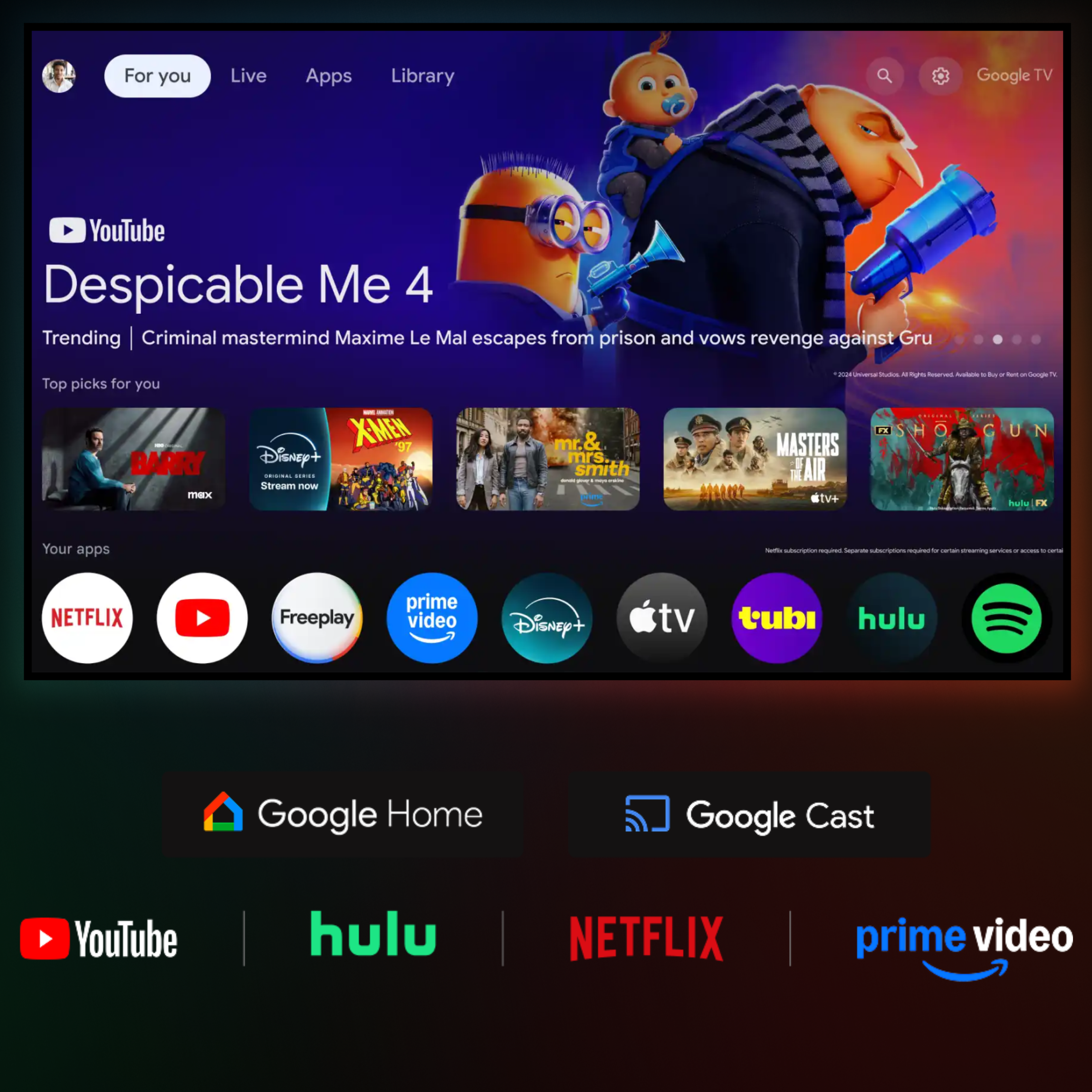 A TV screen shows the movie Despicable Me 4, with app icons below including Netflix, YouTube, and Hulu.