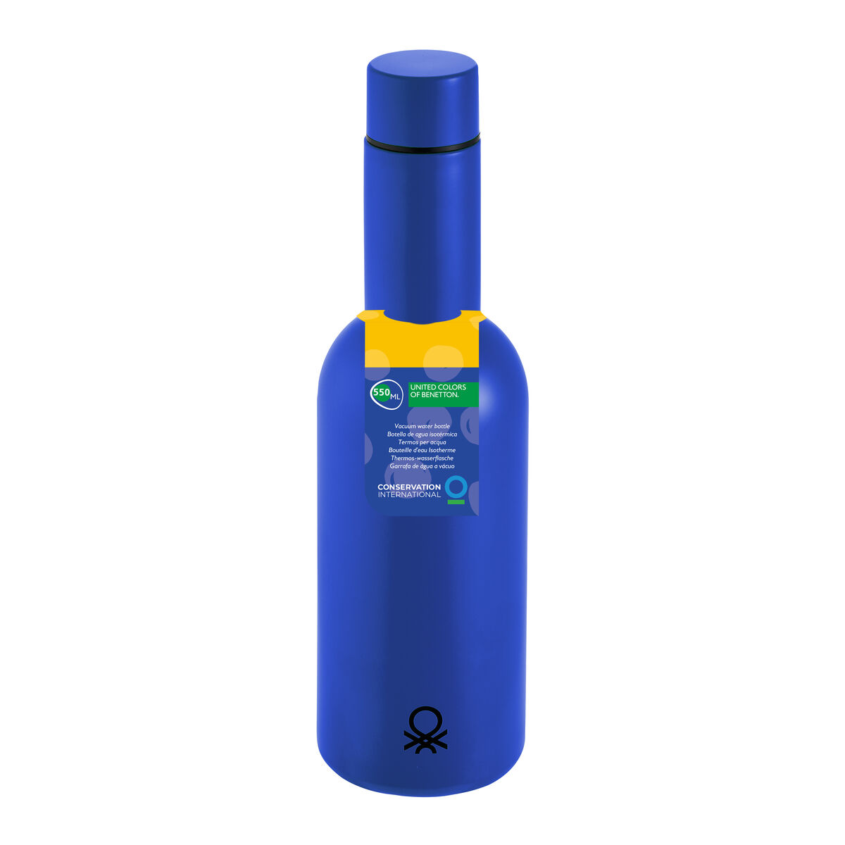 Eine blaue Wasserflasche mit blauem Deckel und gelbem Band. Sie trägt den Text 'United Colors of Benetton' und 'Conservation International'.