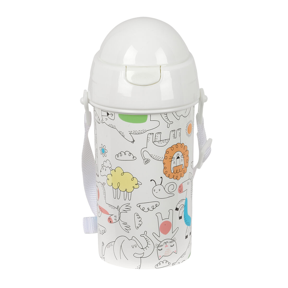 Eine weiße Wasserflasche mit weißem Deckel und Riemen. Sie hat bunte Tierzeichnungen auf der Seite.