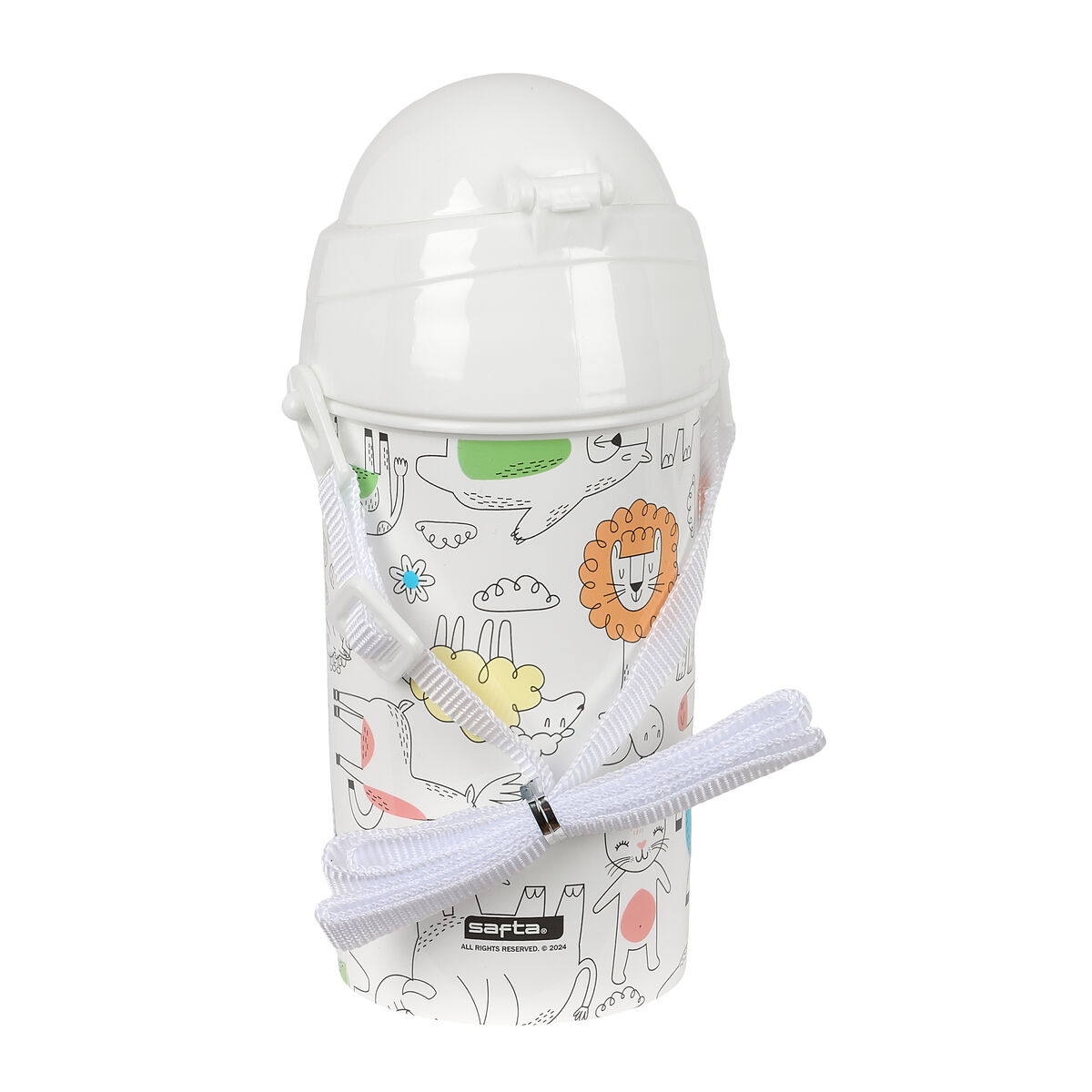Weiße Wasserflasche mit Cartoon-Tieren, weißem Deckel und weißem Riemen. Safta-Logo unten.