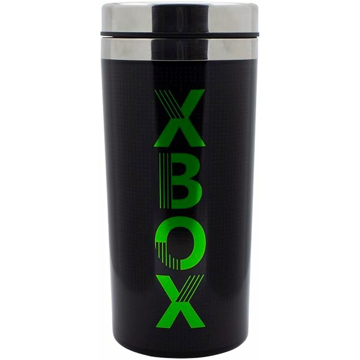 Czarny kubek podróżny Xbox z zielonym logo. Górna część i obręcz ze stali nierdzewnej. Słowo XBOX jest wydrukowane pionowo na zielono.