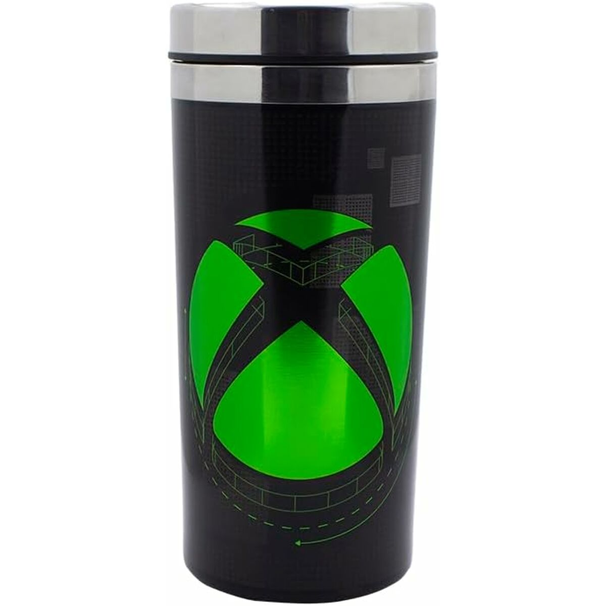 Czarny kubek podróżny Xbox z zielonym logo Xbox. Góra i dół są srebrne. Kubek jest cylindryczny.