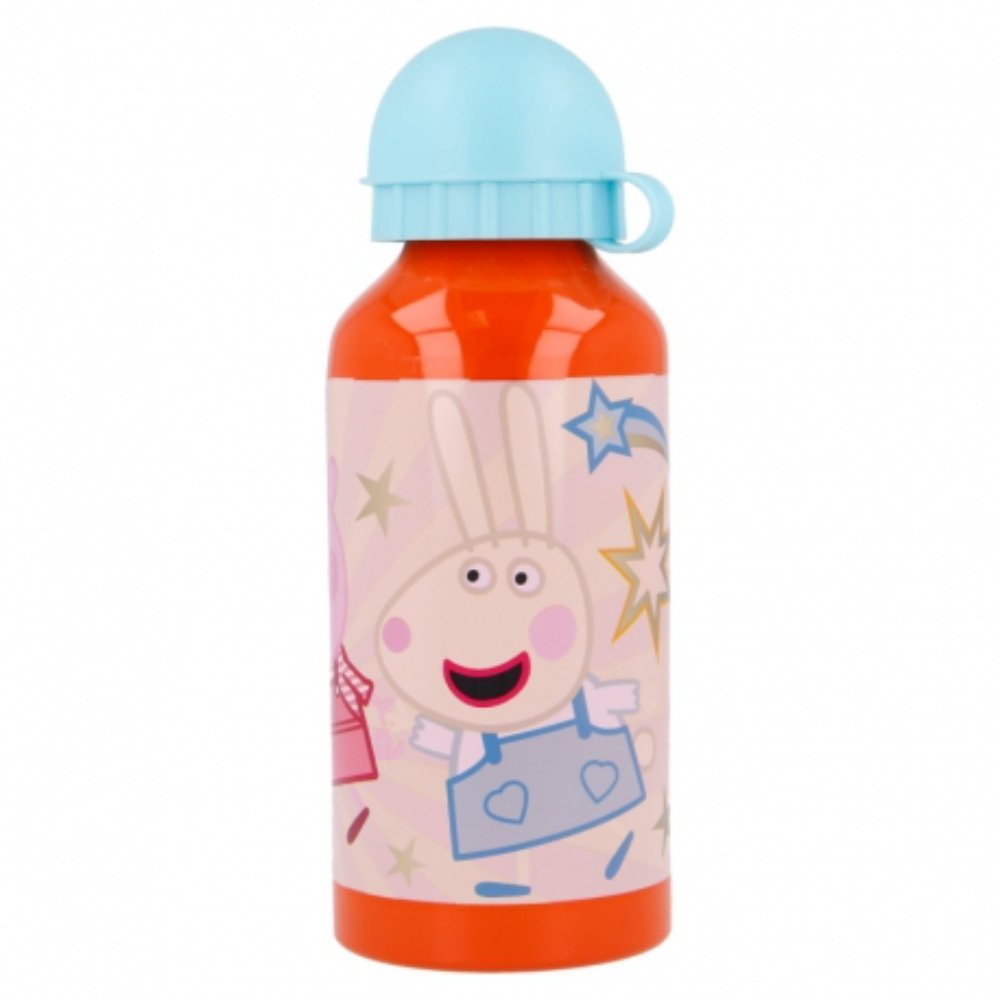 Eine orangefarbene Wasserflasche mit hellblauem Deckel. Sie zeigt einen Cartoon-Hasen auf der Vorderseite, umgeben von Sternen.