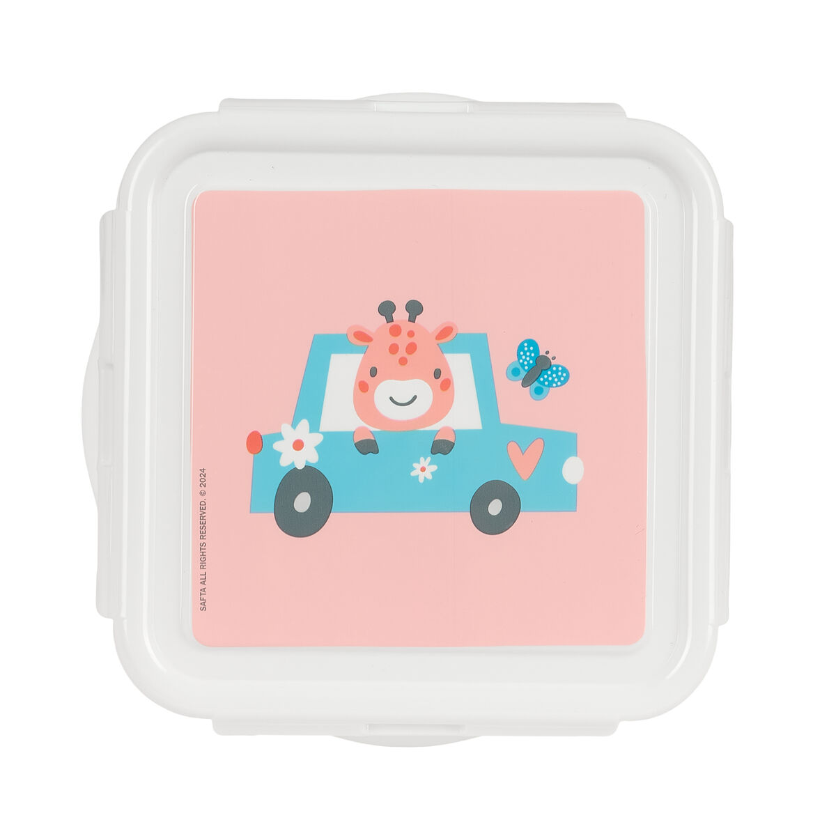 Eine weiße Brotdose mit rosa Einsatz. Sie zeigt eine Giraffe in einem blauen Auto, Blumen, einen Schmetterling und ein Herz.