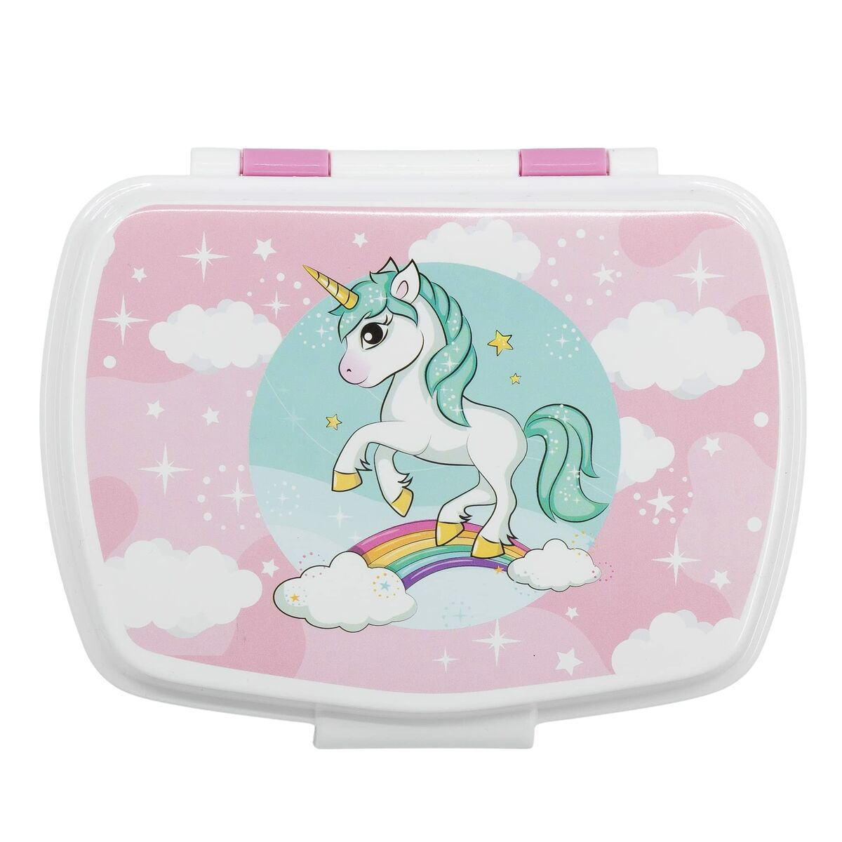 Eine weiße Brotdose mit Einhorn-Illustration. Das Einhorn steht auf einem Regenbogen mit Wolken, vor rosa Himmel.