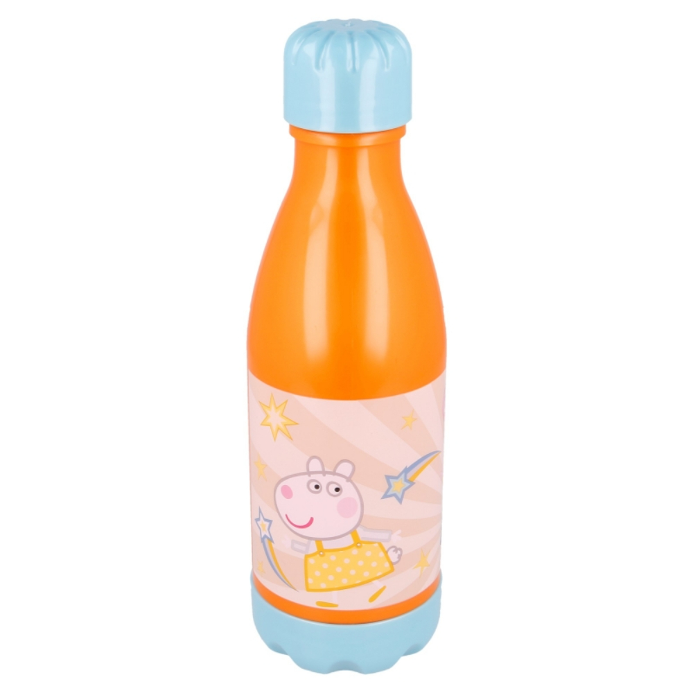 Eine orangefarbene Wasserflasche mit hellblauem Deckel und Boden. Sie zeigt Peppa Wutz mit Sternen auf dem Körper.