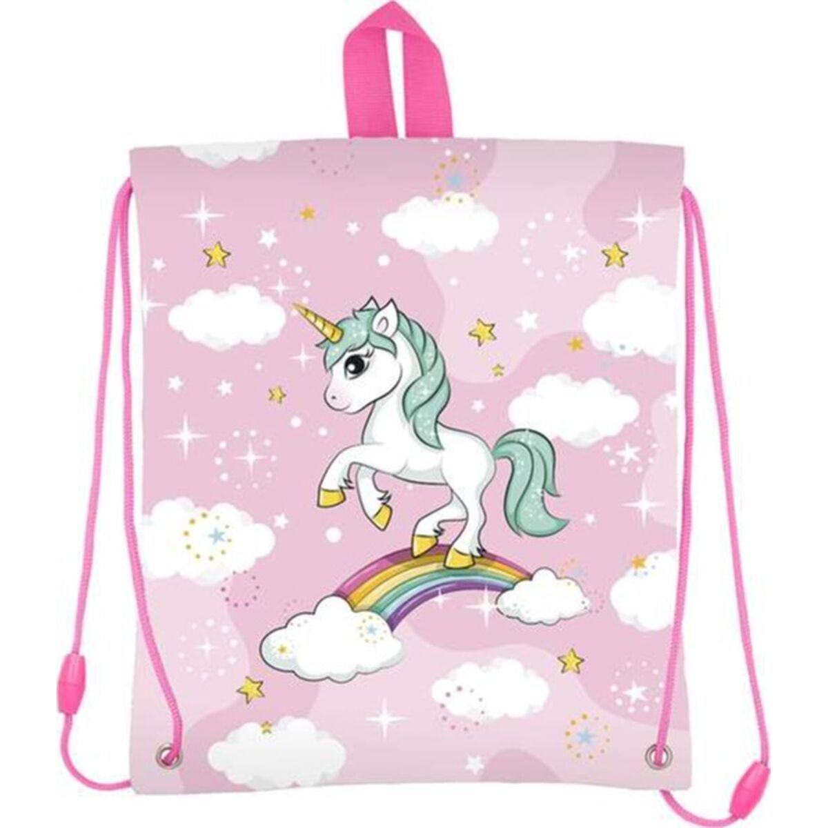 Ein rosa Kordelzugbeutel mit einem Einhorn auf einem Regenbogen, Sternen und Wolken.