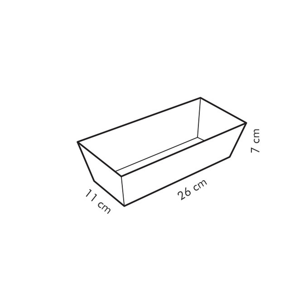Viene visualizzato un contenitore rettangolare, che mostra le sue dimensioni: 26 cm di lunghezza, 11 cm di larghezza e 7 cm di altezza. Il contorno è nero.