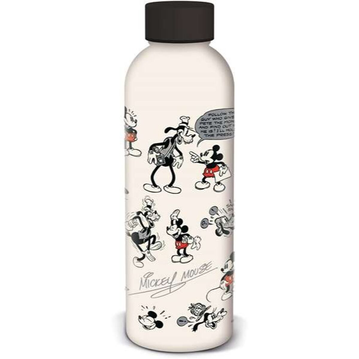 Eine weiße Wasserflasche mit schwarzem Deckel, auf der Mickey Mouse und Freunde in Comic-Strip-Illustrationen zu sehen sind.