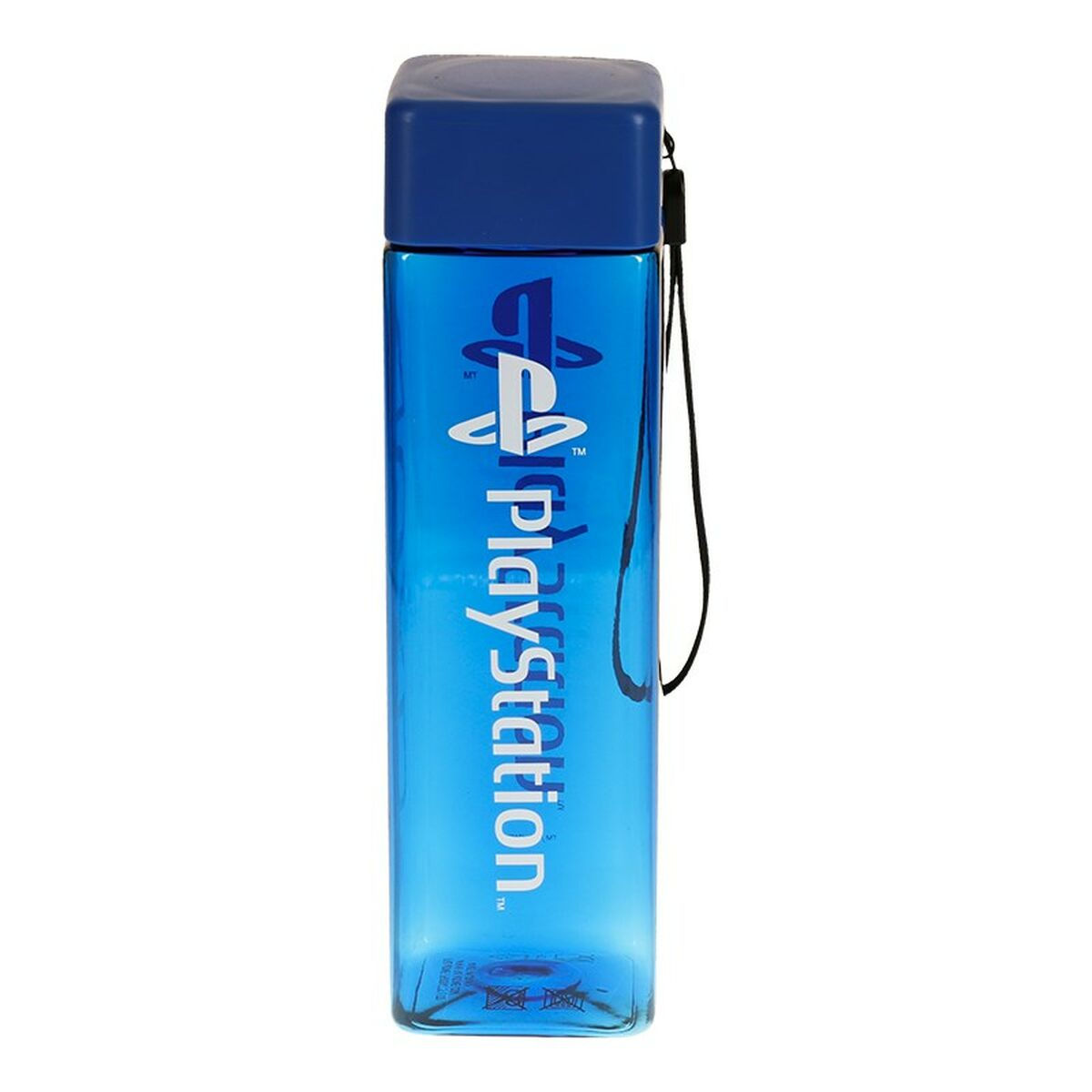 Eine blaue PlayStation-Wasserflasche. Sie hat einen blauen Deckel, das PlayStation-Logo und einen schwarzen Riemen.