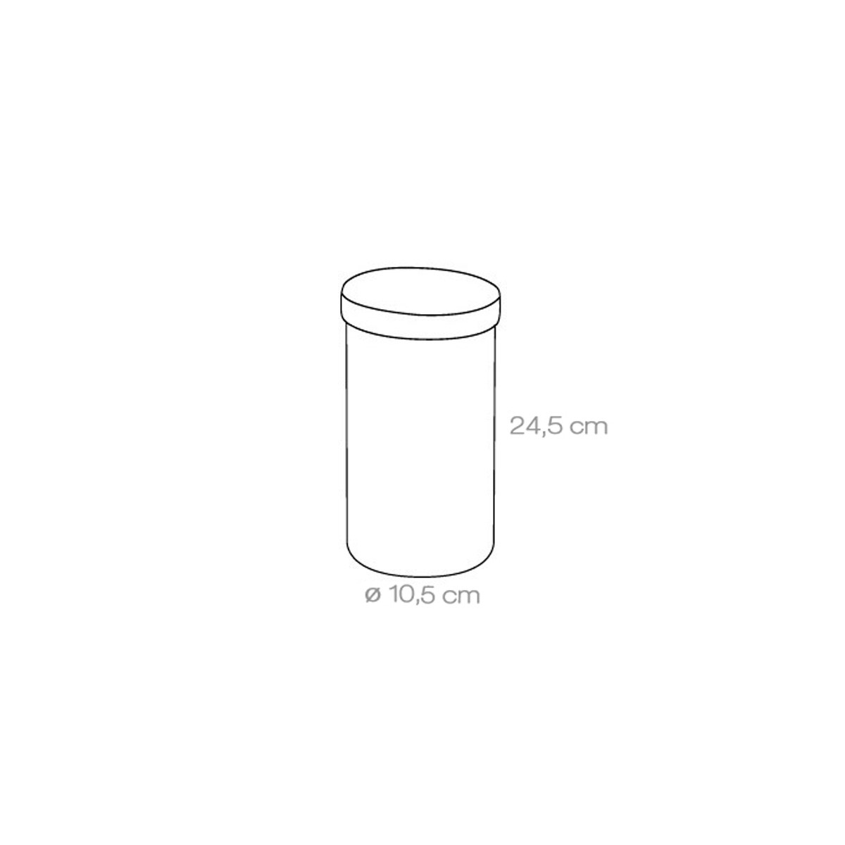 Disegno a linea di un contenitore cilindrico con coperchio. Dimensioni: 24,5 cm di altezza, 10,5 cm di diametro. Sfondo bianco.