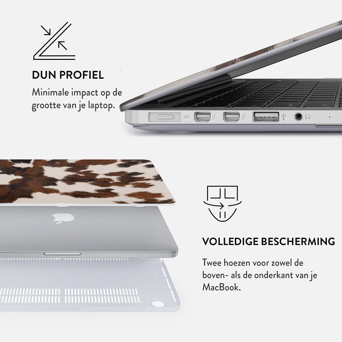Afbeelding toont een laptop met een hoes met koeienprint. Tekst beschrijft de kenmerken van het product, zoals minimale impact en volledige bescherming.