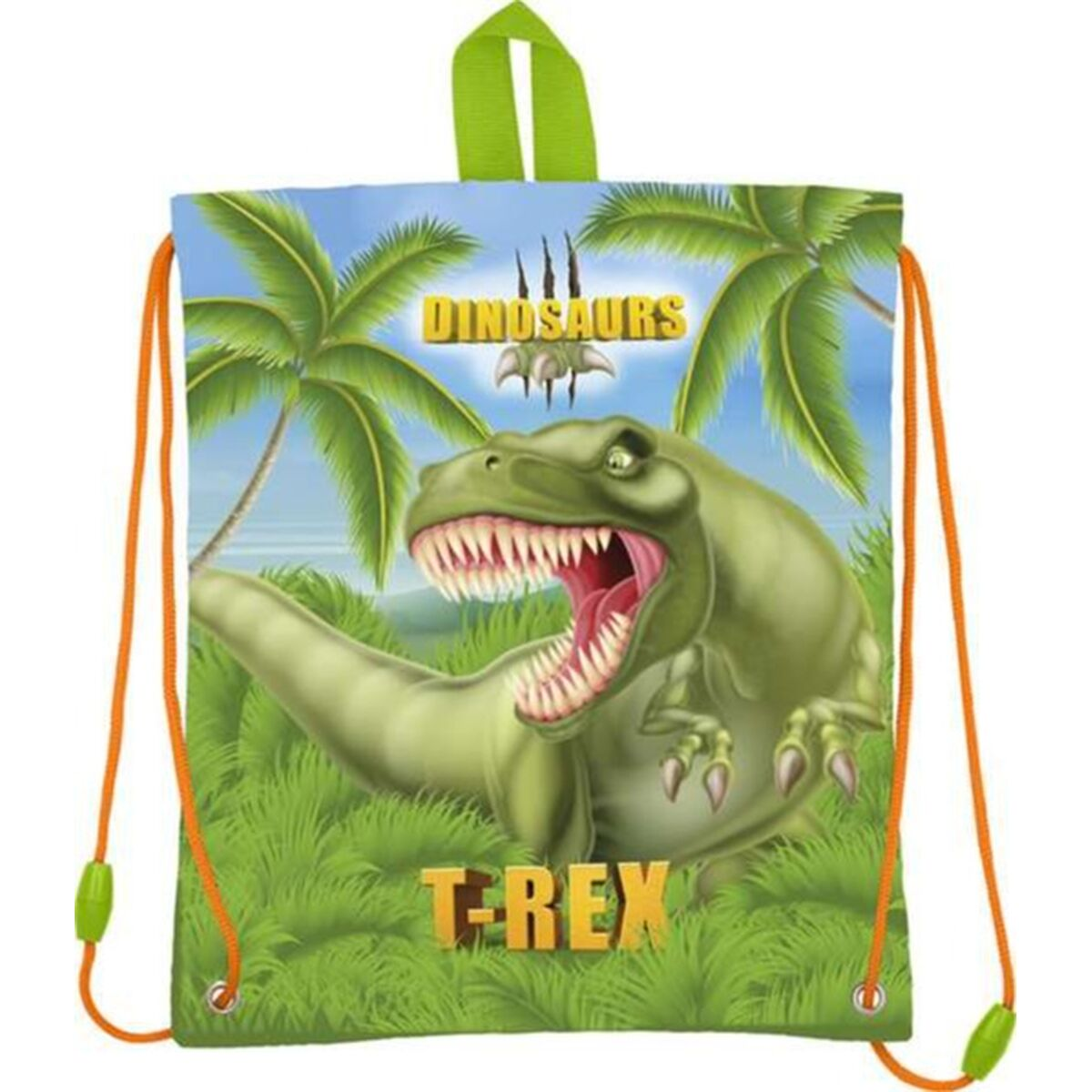 Ein grüner T-Rex auf einer blauen Tasche, mit Palmen und dem Wort "DINOSAURS" darüber. Die Tasche hat orangefarbene Kordeln und einen grünen Griff.