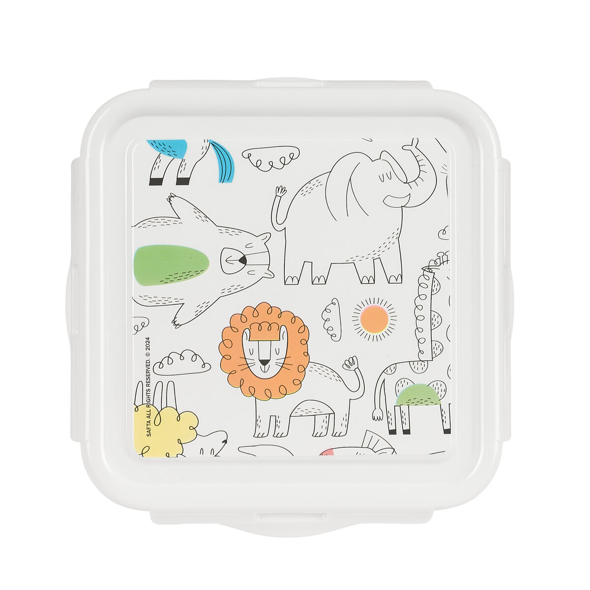 Weiße Brotdose mit Cartoon-Tieren: Elefant, Löwe, Giraffe und andere. Alles in schwarzer Umrandung mit farbigen Details.