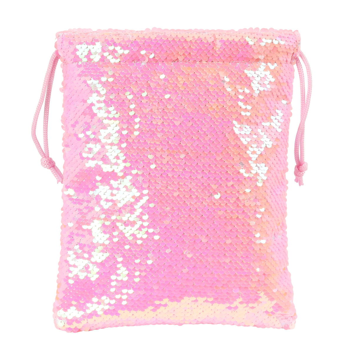 Ein pinkfarbener Beutel mit Pailletten und Kordelzug. Die Pailletten sind klein und reflektieren das Licht. Der Kordelzug ist auch pink.