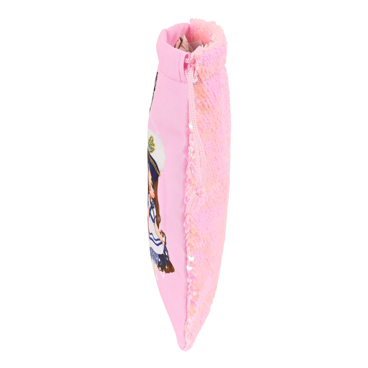 Ein rosa Federmäppchen wird gezeigt. Eine Seite hat Pailletten, die andere eine Zeichnung eines Seemannsmädchens. Ein Reißverschluss verläuft entlang der Seite.