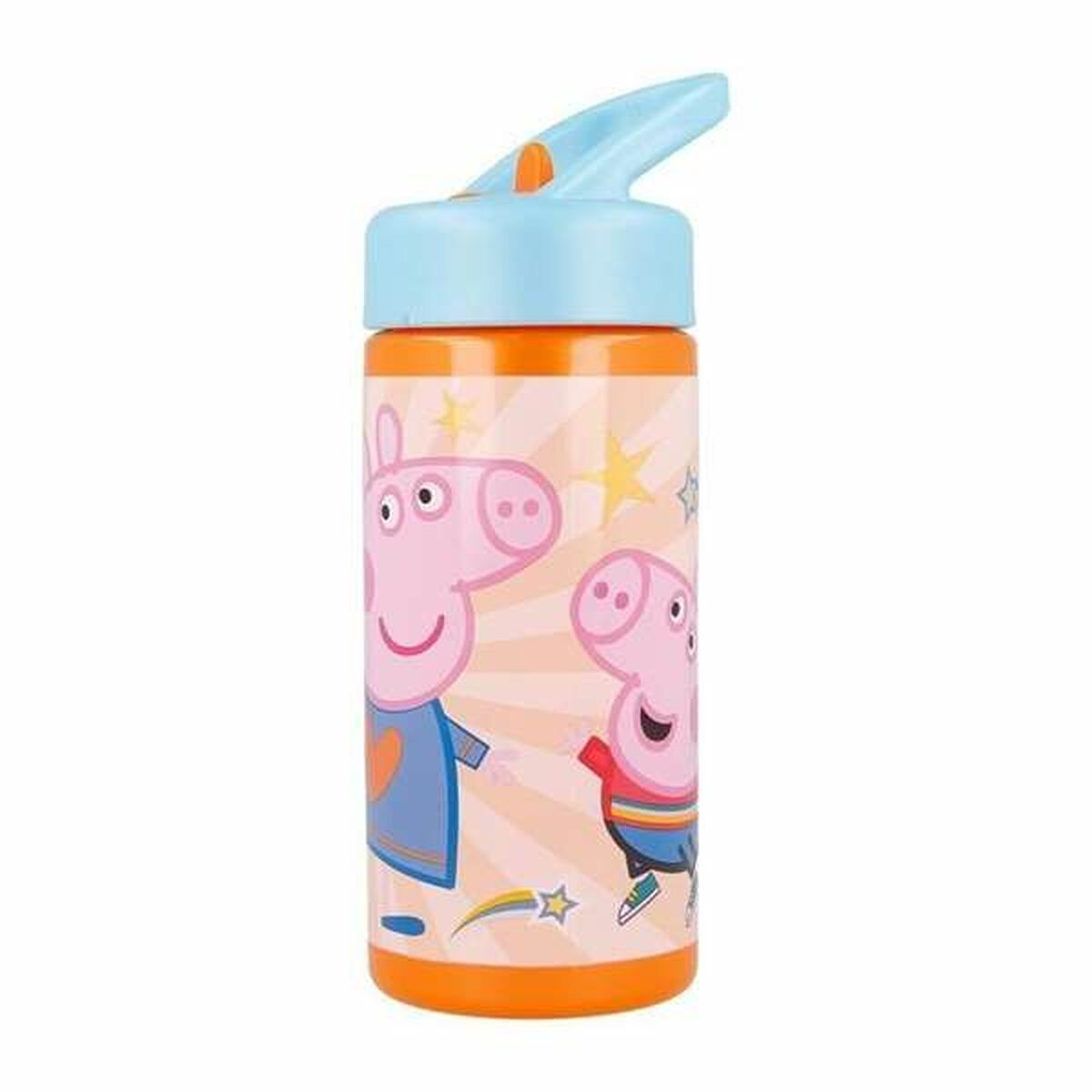 Eine Peppa Wutz-Wasserflasche. Sie hat einen hellblauen Deckel und einen orangefarbenen Boden. Peppa und George Wutz sind aufgedruckt.