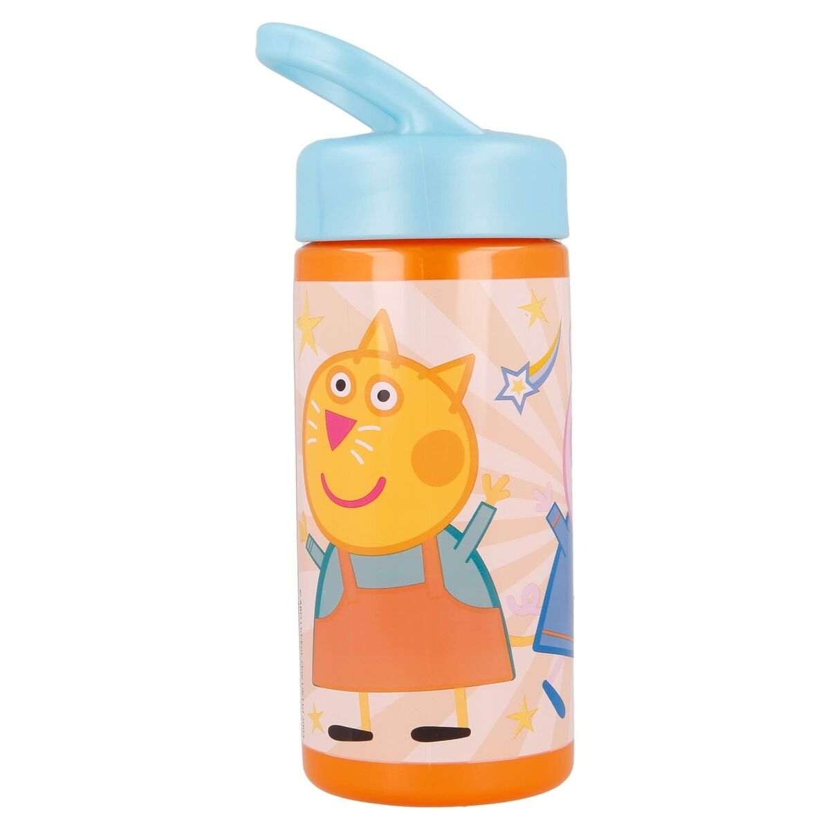 Eine Wasserflasche mit einem Katzen-Cartoon-Design. Sie hat einen blauen Deckel und Griff. Die Katze hat orangefarbenes Fell und trägt eine orangefarbene Schürze.