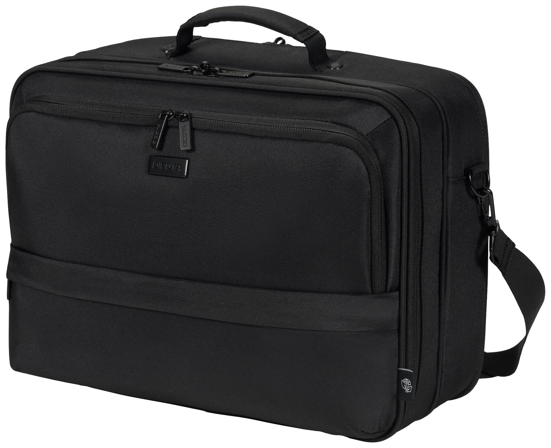 Valigetta nera per laptop Dicota. Ha una maniglia, una tracolla, più scomparti e cerniere. La borsa è rettangolare.