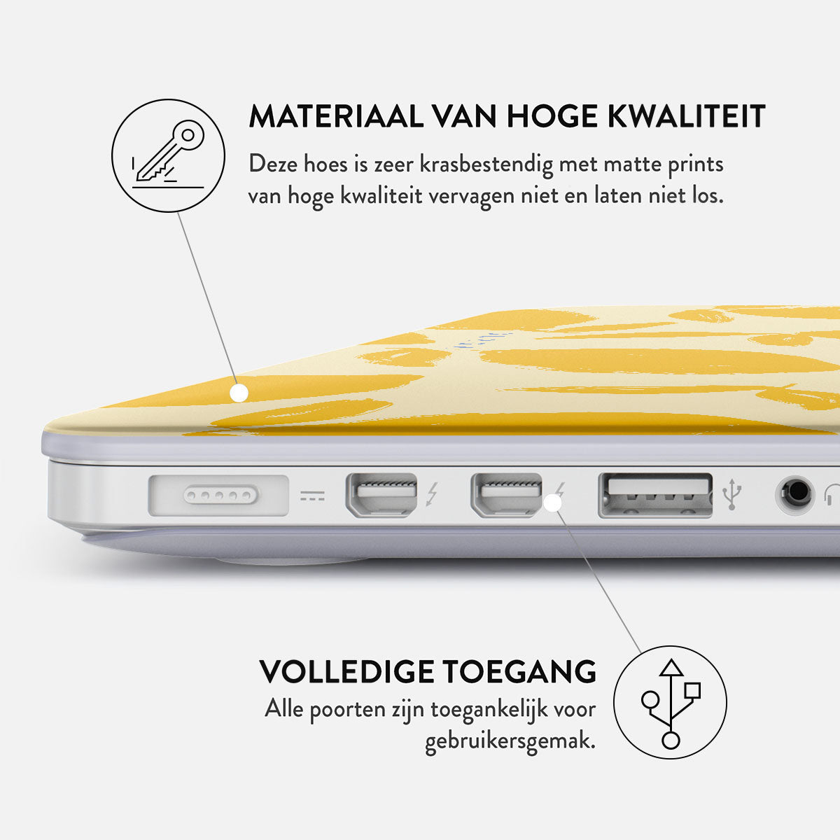 A laptop with a yellow patterned case. The bottom part shows ports. Text in Dutch says 'High quality material' and 'Full access'.